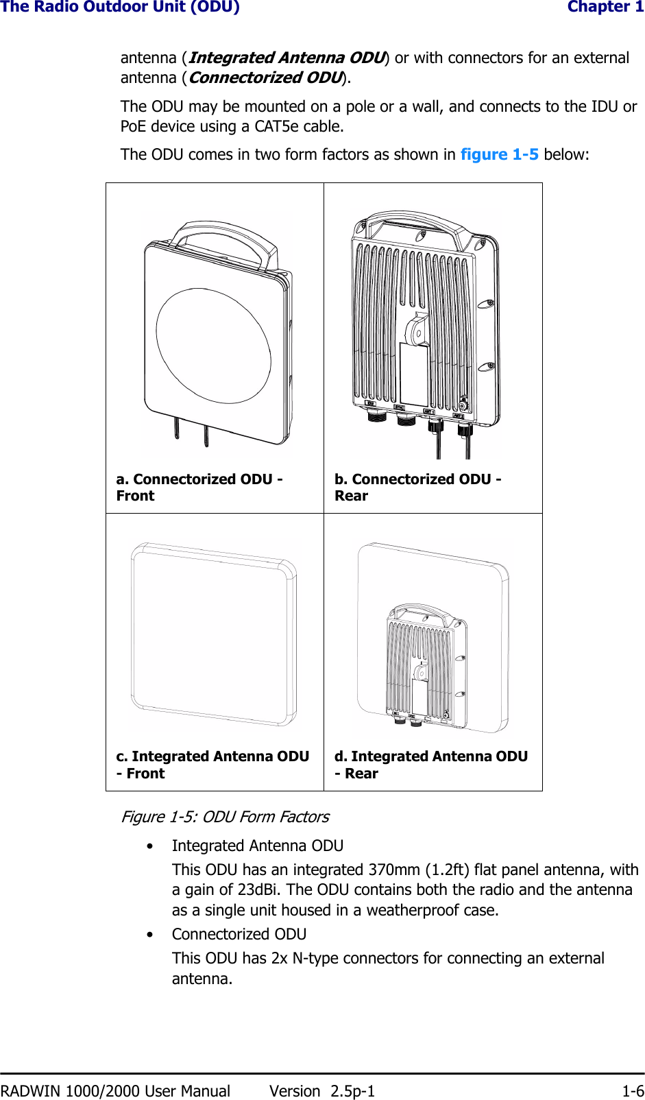 The Radio Outdoor Unit (ODU)  Chapter 1RADWIN 1000/2000 User Manual Version  2.5p-1 1-6antenna (Integrated Antenna ODU) or with connectors for an external antenna (Connectorized ODU).The ODU may be mounted on a pole or a wall, and connects to the IDU or PoE device using a CAT5e cable.The ODU comes in two form factors as shown in figure 1-5 below:Figure 1-5: ODU Form Factors• Integrated Antenna ODUThis ODU has an integrated 370mm (1.2ft) flat panel antenna, with a gain of 23dBi. The ODU contains both the radio and the antenna as a single unit housed in a weatherproof case.•Connectorized ODUThis ODU has 2x N-type connectors for connecting an external antenna.a. Connectorized ODU - Frontb. Connectorized ODU - Rearc. Integrated Antenna ODU - Frontd. Integrated Antenna ODU - Rear