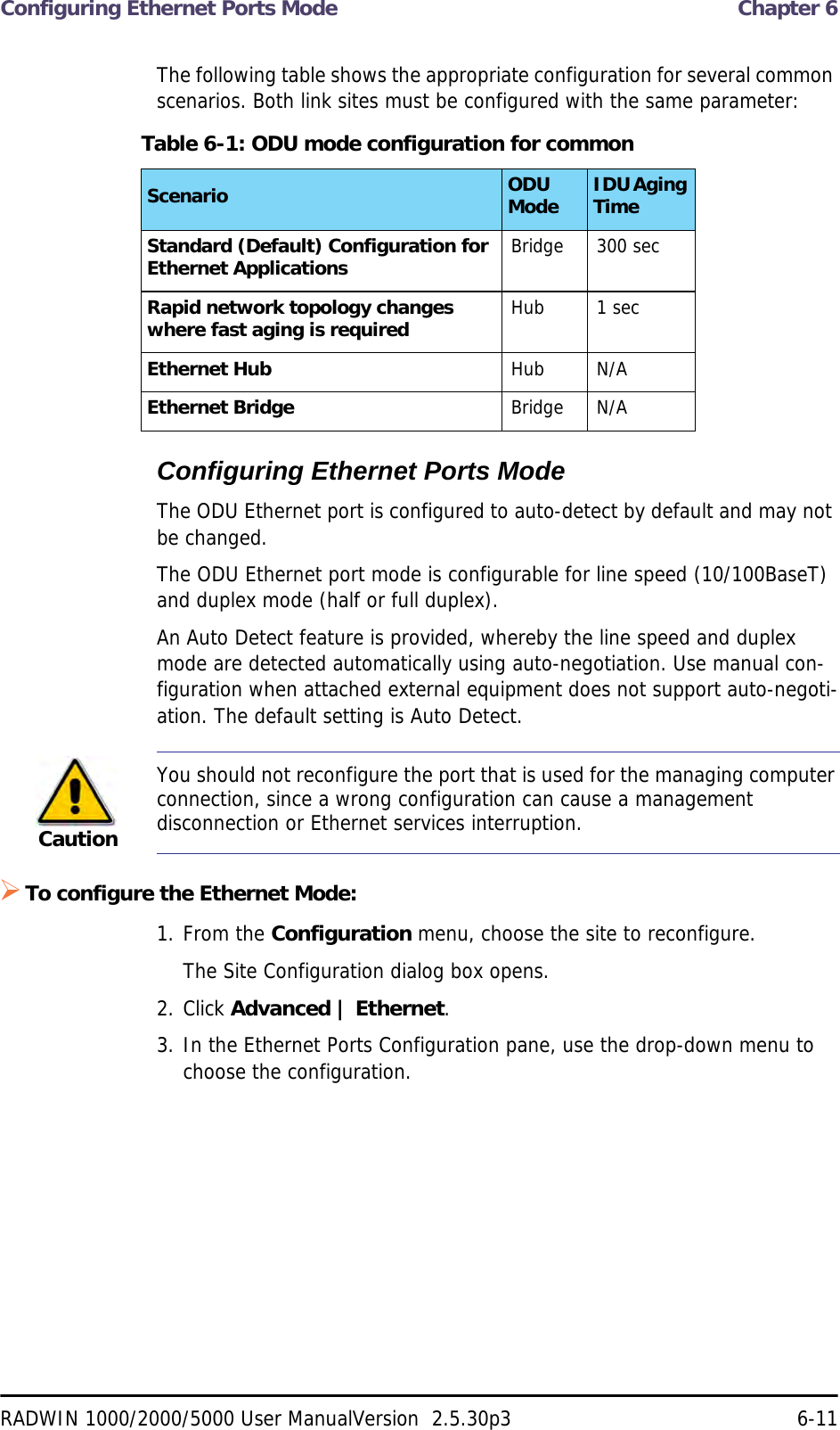 Configuring Ethernet Ports Mode  Chapter 6RADWIN 1000/2000/5000 User ManualVersion  2.5.30p3 6-11The following table shows the appropriate configuration for several common scenarios. Both link sites must be configured with the same parameter:Configuring Ethernet Ports ModeThe ODU Ethernet port is configured to auto-detect by default and may not be changed.The ODU Ethernet port mode is configurable for line speed (10/100BaseT) and duplex mode (half or full duplex).An Auto Detect feature is provided, whereby the line speed and duplex mode are detected automatically using auto-negotiation. Use manual con-figuration when attached external equipment does not support auto-negoti-ation. The default setting is Auto Detect.To configure the Ethernet Mode:1. From the Configuration menu, choose the site to reconfigure.The Site Configuration dialog box opens.2. Click Advanced | Ethernet.3. In the Ethernet Ports Configuration pane, use the drop-down menu to choose the configuration.Table 6-1: ODU mode configuration for commonScenario ODU Mode IDU Aging TimeStandard (Default) Configuration for Ethernet Applications Bridge 300 secRapid network topology changes where fast aging is required Hub 1 secEthernet Hub Hub N/AEthernet Bridge Bridge N/ACautionYou should not reconfigure the port that is used for the managing computer connection, since a wrong configuration can cause a management disconnection or Ethernet services interruption.