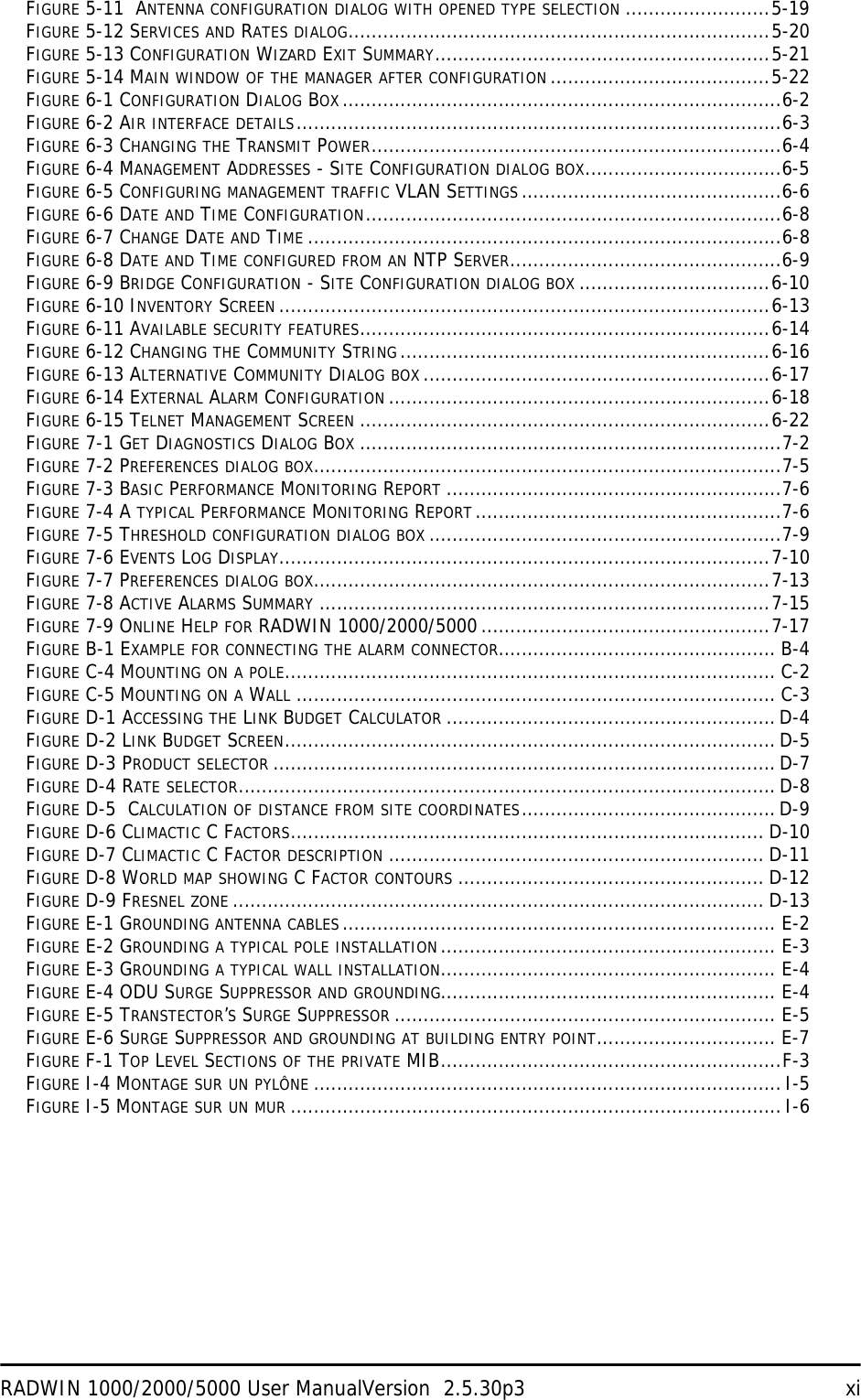 RADWIN 1000/2000/5000 User ManualVersion  2.5.30p3 xiFIGURE 5-11  ANTENNA CONFIGURATION DIALOG WITH OPENED TYPE SELECTION .........................5-19FIGURE 5-12 SERVICES AND RATES DIALOG.........................................................................5-20FIGURE 5-13 CONFIGURATION WIZARD EXIT SUMMARY..........................................................5-21FIGURE 5-14 MAIN WINDOW OF THE MANAGER AFTER CONFIGURATION ......................................5-22FIGURE 6-1 CONFIGURATION DIALOG BOX ............................................................................6-2FIGURE 6-2 AIR INTERFACE DETAILS....................................................................................6-3FIGURE 6-3 CHANGING THE TRANSMIT POWER.......................................................................6-4FIGURE 6-4 MANAGEMENT ADDRESSES - SITE CONFIGURATION DIALOG BOX..................................6-5FIGURE 6-5 CONFIGURING MANAGEMENT TRAFFIC VLAN SETTINGS .............................................6-6FIGURE 6-6 DATE AND TIME CONFIGURATION........................................................................6-8FIGURE 6-7 CHANGE DATE AND TIME ..................................................................................6-8FIGURE 6-8 DATE AND TIME CONFIGURED FROM AN NTP SERVER...............................................6-9FIGURE 6-9 BRIDGE CONFIGURATION - SITE CONFIGURATION DIALOG BOX .................................6-10FIGURE 6-10 INVENTORY SCREEN .....................................................................................6-13FIGURE 6-11 AVAILABLE SECURITY FEATURES.......................................................................6-14FIGURE 6-12 CHANGING THE COMMUNITY STRING................................................................6-16FIGURE 6-13 ALTERNATIVE COMMUNITY DIALOG BOX ............................................................6-17FIGURE 6-14 EXTERNAL ALARM CONFIGURATION ..................................................................6-18FIGURE 6-15 TELNET MANAGEMENT SCREEN .......................................................................6-22FIGURE 7-1 GET DIAGNOSTICS DIALOG BOX .........................................................................7-2FIGURE 7-2 PREFERENCES DIALOG BOX.................................................................................7-5FIGURE 7-3 BASIC PERFORMANCE MONITORING REPORT ..........................................................7-6FIGURE 7-4 A TYPICAL PERFORMANCE MONITORING REPORT.....................................................7-6FIGURE 7-5 THRESHOLD CONFIGURATION DIALOG BOX .............................................................7-9FIGURE 7-6 EVENTS LOG DISPLAY.....................................................................................7-10FIGURE 7-7 PREFERENCES DIALOG BOX...............................................................................7-13FIGURE 7-8 ACTIVE ALARMS SUMMARY ..............................................................................7-15FIGURE 7-9 ONLINE HELP FOR RADWIN 1000/2000/5000..................................................7-17FIGURE B-1 EXAMPLE FOR CONNECTING THE ALARM CONNECTOR................................................ B-4FIGURE C-4 MOUNTING ON A POLE..................................................................................... C-2FIGURE C-5 MOUNTING ON A WALL ................................................................................... C-3FIGURE D-1 ACCESSING THE LINK BUDGET CALCULATOR .........................................................D-4FIGURE D-2 LINK BUDGET SCREEN..................................................................................... D-5FIGURE D-3 PRODUCT SELECTOR ....................................................................................... D-7FIGURE D-4 RATE SELECTOR.............................................................................................D-8FIGURE D-5  CALCULATION OF DISTANCE FROM SITE COORDINATES............................................D-9FIGURE D-6 CLIMACTIC C FACTORS.................................................................................. D-10FIGURE D-7 CLIMACTIC C FACTOR DESCRIPTION ................................................................. D-11FIGURE D-8 WORLD MAP SHOWING C FACTOR CONTOURS ..................................................... D-12FIGURE D-9 FRESNEL ZONE ............................................................................................ D-13FIGURE E-1 GROUNDING ANTENNA CABLES........................................................................... E-2FIGURE E-2 GROUNDING A TYPICAL POLE INSTALLATION.......................................................... E-3FIGURE E-3 GROUNDING A TYPICAL WALL INSTALLATION.......................................................... E-4FIGURE E-4 ODU SURGE SUPPRESSOR AND GROUNDING.......................................................... E-4FIGURE E-5 TRANSTECTOR’S SURGE SUPPRESSOR .................................................................. E-5FIGURE E-6 SURGE SUPPRESSOR AND GROUNDING AT BUILDING ENTRY POINT............................... E-7FIGURE F-1 TOP LEVEL SECTIONS OF THE PRIVATE MIB...........................................................F-3FIGURE I-4 MONTAGE SUR UN PYLÔNE ................................................................................. I-5FIGURE I-5 MONTAGE SUR UN MUR ..................................................................................... I-6