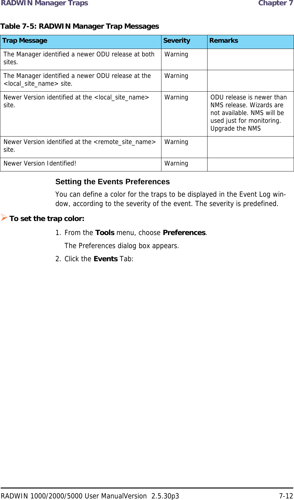 RADWIN Manager Traps  Chapter 7RADWIN 1000/2000/5000 User ManualVersion  2.5.30p3 7-12Setting the Events PreferencesYou can define a color for the traps to be displayed in the Event Log win-dow, according to the severity of the event. The severity is predefined.To set the trap color:1. From the Tools menu, choose Preferences.The Preferences dialog box appears.2. Click the Events Tab:The Manager identified a newer ODU release at both sites. WarningThe Manager identified a newer ODU release at the &lt;local_site_name&gt; site. WarningNewer Version identified at the &lt;local_site_name&gt; site. Warning ODU release is newer than NMS release. Wizards are not available. NMS will be used just for monitoring. Upgrade the NMSNewer Version identified at the &lt;remote_site_name&gt; site. WarningNewer Version Identified! WarningTable 7-5: RADWIN Manager Trap MessagesTrap Message Severity Remarks