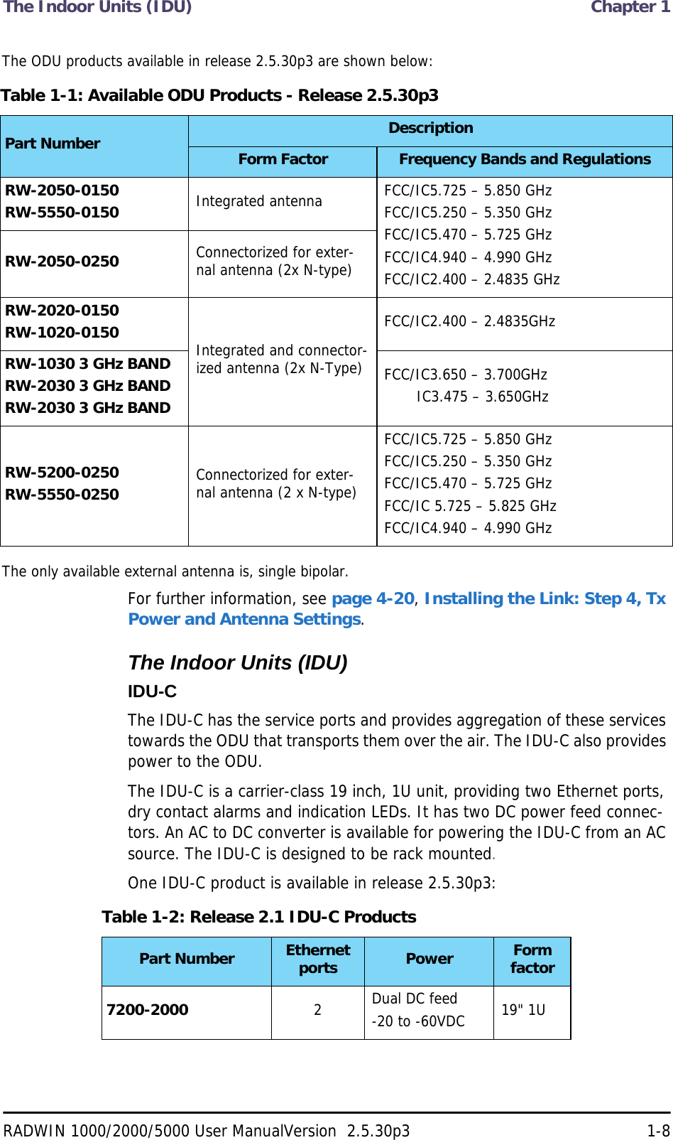 The Indoor Units (IDU)  Chapter 1RADWIN 1000/2000/5000 User ManualVersion  2.5.30p3 1-8The ODU products available in release 2.5.30p3 are shown below:The only available external antenna is, single bipolar.For further information, see page 4-20, Installing the Link: Step 4, Tx Power and Antenna Settings.The Indoor Units (IDU)IDU-CThe IDU-C has the service ports and provides aggregation of these services towards the ODU that transports them over the air. The IDU-C also provides power to the ODU.The IDU-C is a carrier-class 19 inch, 1U unit, providing two Ethernet ports, dry contact alarms and indication LEDs. It has two DC power feed connec-tors. An AC to DC converter is available for powering the IDU-C from an AC source. The IDU-C is designed to be rack mounted.One IDU-C product is available in release 2.5.30p3:Table 1-1: Available ODU Products - Release 2.5.30p3Part Number DescriptionForm Factor Frequency Bands and RegulationsRW-2050-0150RW-5550-0150 Integrated antenna  FCC/IC5.725 – 5.850 GHzFCC/IC5.250 – 5.350 GHzFCC/IC5.470 – 5.725 GHzFCC/IC4.940 – 4.990 GHzFCC/IC2.400 – 2.4835 GHzRW-2050-0250 Connectorized for exter-nal antenna (2x N-type)RW-2020-0150RW-1020-0150 Integrated and connector-ized antenna (2x N-Type)FCC/IC2.400 – 2.4835GHzRW-1030 3 GHz BANDRW-2030 3 GHz BANDRW-2030 3 GHz BANDFCC/IC3.650 – 3.700GHz       IC3.475 – 3.650GHzRW-5200-0250RW-5550-0250 Connectorized for exter-nal antenna (2 x N-type)FCC/IC5.725 – 5.850 GHzFCC/IC5.250 – 5.350 GHzFCC/IC5.470 – 5.725 GHzFCC/IC 5.725 – 5.825 GHzFCC/IC4.940 – 4.990 GHzTable 1-2: Release 2.1 IDU-C ProductsPart Number Ethernet ports Power Form factor7200-2000 2Dual DC feed-20 to -60VDC 19&quot; 1U