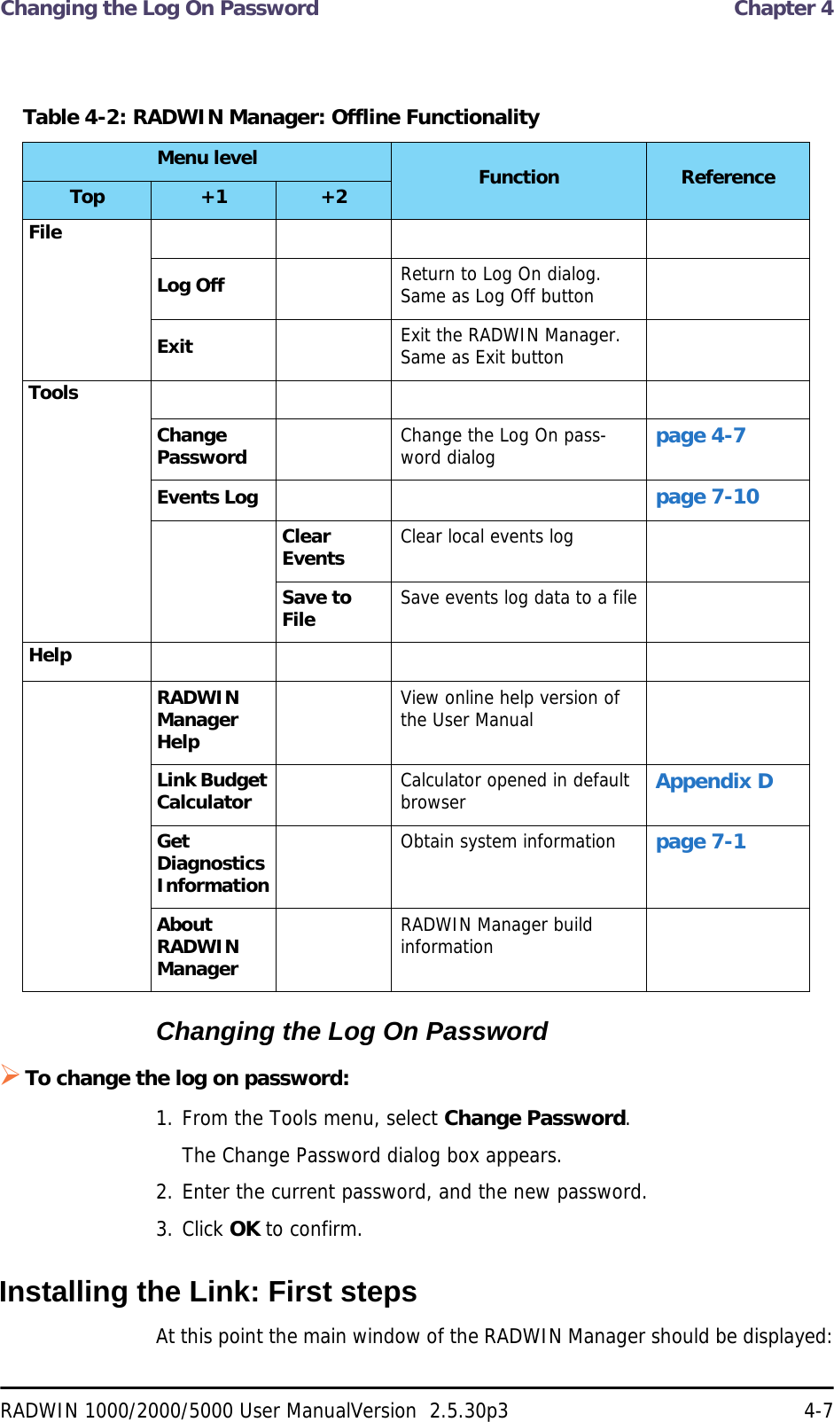 Changing the Log On Password  Chapter 4RADWIN 1000/2000/5000 User ManualVersion  2.5.30p3 4-7Changing the Log On PasswordTo change the log on password:1. From the Tools menu, select Change Password.The Change Password dialog box appears.2. Enter the current password, and the new password.3. Click OK to confirm.Installing the Link: First stepsAt this point the main window of the RADWIN Manager should be displayed:Table 4-2: RADWIN Manager: Offline FunctionalityMenu level Function ReferenceTop +1 +2FileLog Off Return to Log On dialog. Same as Log Off buttonExit Exit the RADWIN Manager. Same as Exit buttonToolsChange Password Change the Log On pass-word dialog page 4-7Events Log page 7-10Clear Events Clear local events logSave to File Save events log data to a fileHelpRADWIN Manager HelpView online help version of the User ManualLink Budget Calculator Calculator opened in default browser Appendix DGet Diagnostics InformationObtain system information page 7-1About RADWIN ManagerRADWIN Manager build information