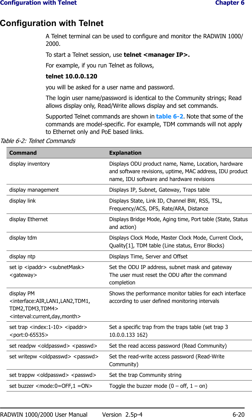 Configuration with Telnet  Chapter 6RADWIN 1000/2000 User Manual Version  2.5p-4 6-20Configuration with TelnetA Telnet terminal can be used to configure and monitor the RADWIN 1000/2000.To start a Telnet session, use telnet &lt;manager IP&gt;.For example, if you run Telnet as follows,telnet 10.0.0.120you will be asked for a user name and password.The login user name/password is identical to the Community strings; Read allows display only, Read/Write allows display and set commands.Supported Telnet commands are shown in table 6-2. Note that some of the commands are model-specific. For example, TDM commands will not apply to Ethernet only and PoE based links.Table 6-2: Telnet CommandsCommand Explanationdisplay inventory Displays ODU product name, Name, Location, hardware and software revisions, uptime, MAC address, IDU product name, IDU software and hardware revisionsdisplay management Displays IP, Subnet, Gateway, Traps tabledisplay link Displays State, Link ID, Channel BW, RSS, TSL, Frequency/ACS, DFS, Rate/ARA, Distancedisplay Ethernet Displays Bridge Mode, Aging time, Port table (State, Status and action)display tdm Displays Clock Mode, Master Clock Mode, Current Clock, Quality[1], TDM table (Line status, Error Blocks)display ntp Displays Time, Server and Offsetset ip &lt;ipaddr&gt; &lt;subnetMask&gt; &lt;gateway&gt;Set the ODU IP address, subnet mask and gatewayThe user must reset the ODU after the command completiondisplay PM &lt;interface:AIR,LAN1,LAN2,TDM1,TDM2,TDM3,TDM4&gt; &lt;interval:current,day,month&gt;Shows the performance monitor tables for each interface according to user defined monitoring intervalsset trap &lt;index:1-10&gt; &lt;ipaddr&gt; &lt;port:0-65535&gt;Set a specific trap from the traps table (set trap 3 10.0.0.133 162)set readpw &lt;oldpasswd&gt; &lt;passwd&gt; Set the read access password (Read Community)set writepw &lt;oldpasswd&gt; &lt;passwd&gt; Set the read-write access password (Read-Write Community)set trappw &lt;oldpasswd&gt; &lt;passwd&gt; Set the trap Community stringset buzzer &lt;mode:0=OFF,1 =ON&gt; Toggle the buzzer mode (0 – off, 1 – on)