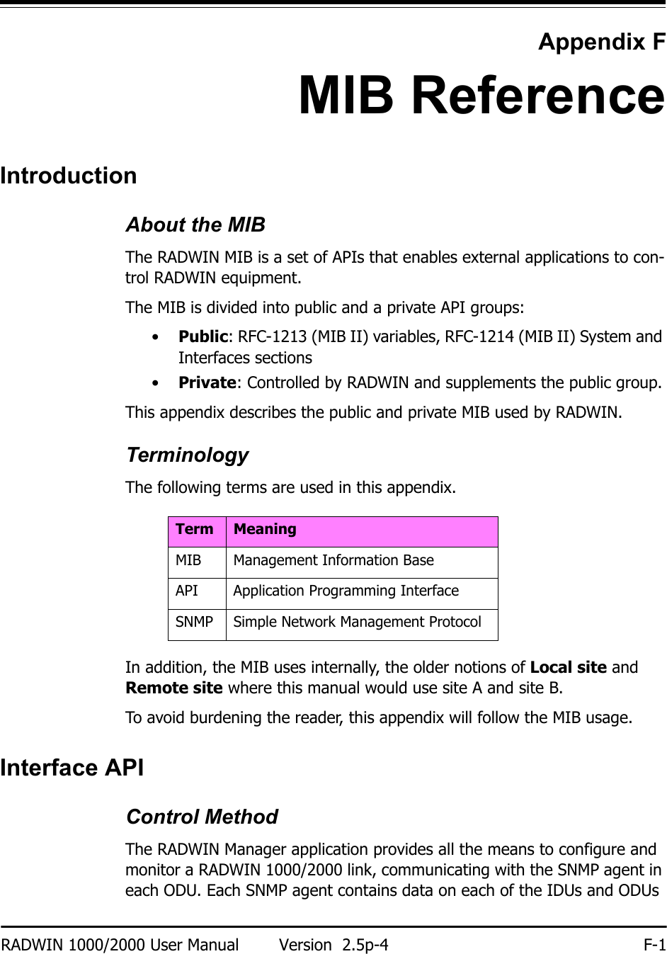 RADWIN 1000/2000 User Manual Version  2.5p-4 F-1Appendix FMIB ReferenceIntroductionAbout the MIBThe RADWIN MIB is a set of APIs that enables external applications to con-trol RADWIN equipment.The MIB is divided into public and a private API groups:•Public: RFC-1213 (MIB II) variables, RFC-1214 (MIB II) System and Interfaces sections•Private: Controlled by RADWIN and supplements the public group.This appendix describes the public and private MIB used by RADWIN.TerminologyThe following terms are used in this appendix.In addition, the MIB uses internally, the older notions of Local site and Remote site where this manual would use site A and site B.To avoid burdening the reader, this appendix will follow the MIB usage.Interface APIControl MethodThe RADWIN Manager application provides all the means to configure and monitor a RADWIN 1000/2000 link, communicating with the SNMP agent in each ODU. Each SNMP agent contains data on each of the IDUs and ODUs Term MeaningMIB Management Information BaseAPI Application Programming InterfaceSNMP Simple Network Management Protocol