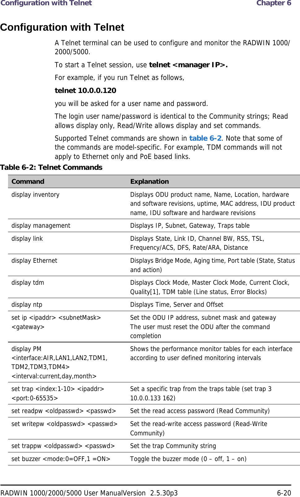 Configuration with Telnet  Chapter 6RADWIN 1000/2000/5000 User ManualVersion  2.5.30p3 6-20Configuration with TelnetA Telnet terminal can be used to configure and monitor the RADWIN 1000/2000/5000.To start a Telnet session, use telnet &lt;manager IP&gt;.For example, if you run Telnet as follows,telnet 10.0.0.120you will be asked for a user name and password.The login user name/password is identical to the Community strings; Read allows display only, Read/Write allows display and set commands.Supported Telnet commands are shown in table 6-2. Note that some of the commands are model-specific. For example, TDM commands will not apply to Ethernet only and PoE based links.Table 6-2: Telnet Commands Command Explanationdisplay inventory Displays ODU product name, Name, Location, hardware and software revisions, uptime, MAC address, IDU product name, IDU software and hardware revisionsdisplay management Displays IP, Subnet, Gateway, Traps tabledisplay link Displays State, Link ID, Channel BW, RSS, TSL, Frequency/ACS, DFS, Rate/ARA, Distancedisplay Ethernet Displays Bridge Mode, Aging time, Port table (State, Status and action)display tdm Displays Clock Mode, Master Clock Mode, Current Clock, Quality[1], TDM table (Line status, Error Blocks)display ntp Displays Time, Server and Offsetset ip &lt;ipaddr&gt; &lt;subnetMask&gt; &lt;gateway&gt; Set the ODU IP address, subnet mask and gatewayThe user must reset the ODU after the command completiondisplay PM &lt;interface:AIR,LAN1,LAN2,TDM1,TDM2,TDM3,TDM4&gt; &lt;interval:current,day,month&gt;Shows the performance monitor tables for each interface according to user defined monitoring intervalsset trap &lt;index:1-10&gt; &lt;ipaddr&gt; &lt;port:0-65535&gt; Set a specific trap from the traps table (set trap 3 10.0.0.133 162)set readpw &lt;oldpasswd&gt; &lt;passwd&gt; Set the read access password (Read Community)set writepw &lt;oldpasswd&gt; &lt;passwd&gt; Set the read-write access password (Read-Write Community)set trappw &lt;oldpasswd&gt; &lt;passwd&gt; Set the trap Community stringset buzzer &lt;mode:0=OFF,1 =ON&gt; Toggle the buzzer mode (0 – off, 1 – on)