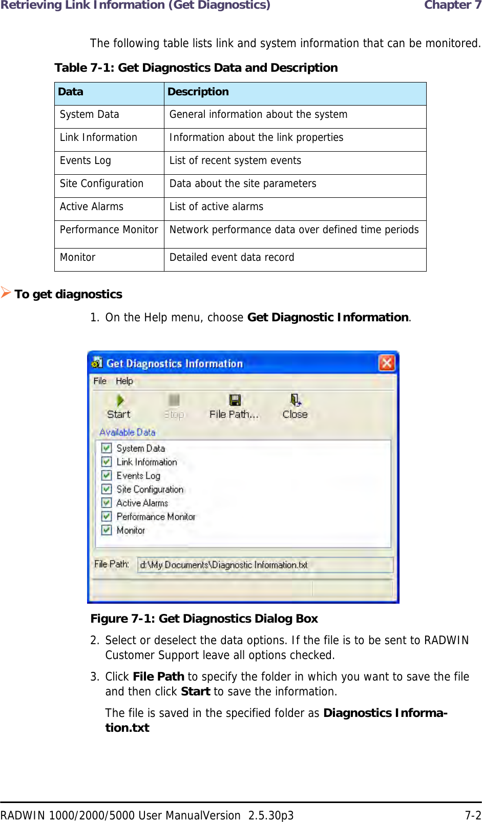 Retrieving Link Information (Get Diagnostics)  Chapter 7RADWIN 1000/2000/5000 User ManualVersion  2.5.30p3 7-2The following table lists link and system information that can be monitored.To get diagnostics1. On the Help menu, choose Get Diagnostic Information.Figure 7-1: Get Diagnostics Dialog Box2. Select or deselect the data options. If the file is to be sent to RADWIN Customer Support leave all options checked.3. Click File Path to specify the folder in which you want to save the file and then click Start to save the information.The file is saved in the specified folder as Diagnostics Informa-tion.txtTable 7-1: Get Diagnostics Data and DescriptionData DescriptionSystem Data General information about the systemLink Information Information about the link propertiesEvents Log List of recent system eventsSite Configuration Data about the site parametersActive Alarms List of active alarmsPerformance Monitor Network performance data over defined time periodsMonitor Detailed event data record