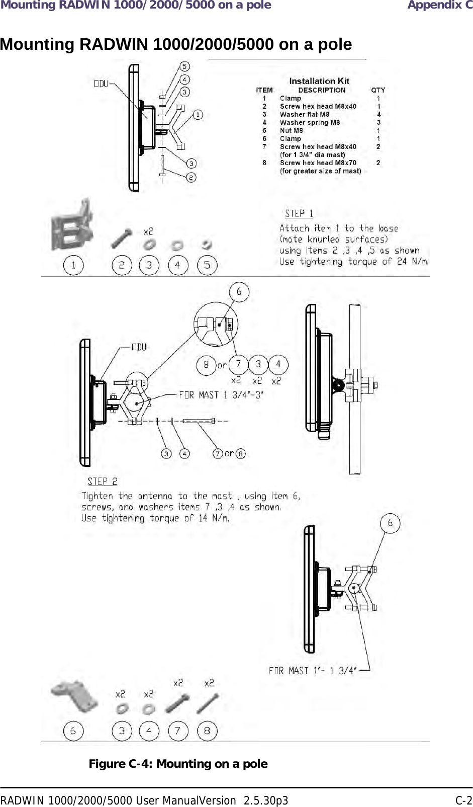 Mounting RADWIN 1000/2000/5000 on a pole Appendix CRADWIN 1000/2000/5000 User ManualVersion  2.5.30p3 C-2Mounting RADWIN 1000/2000/5000 on a poleFigure C-4: Mounting on a pole