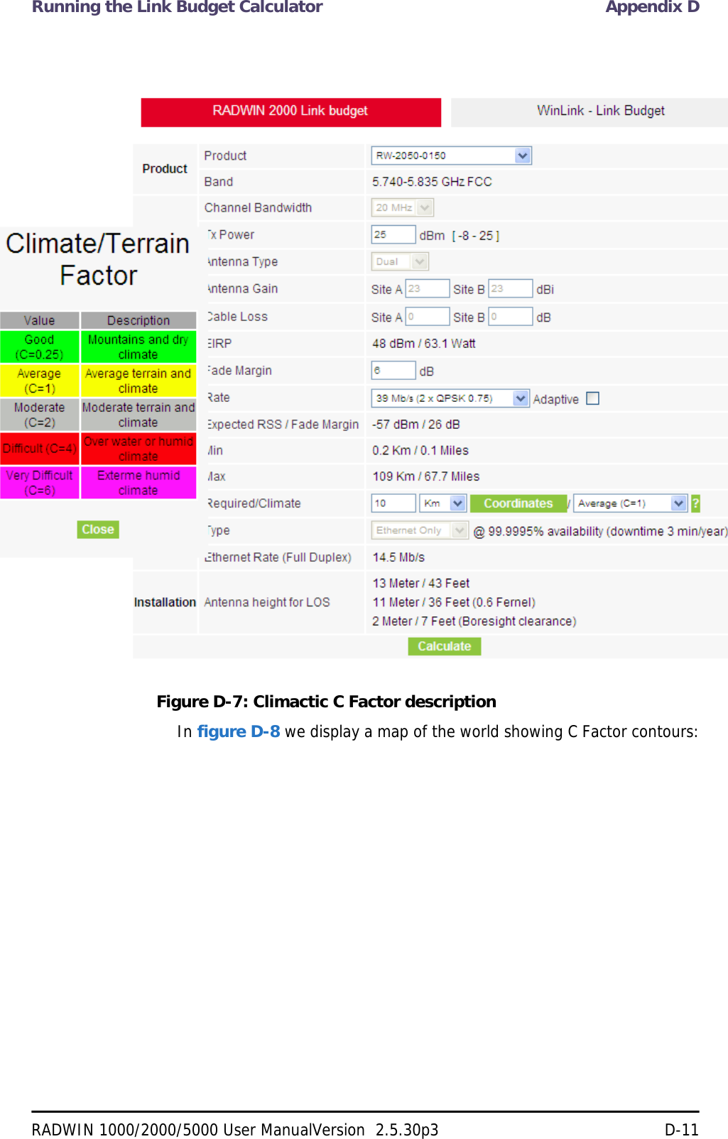 Running the Link Budget Calculator Appendix DRADWIN 1000/2000/5000 User ManualVersion  2.5.30p3 D-11Figure D-7: Climactic C Factor descriptionIn figure D-8 we display a map of the world showing C Factor contours: