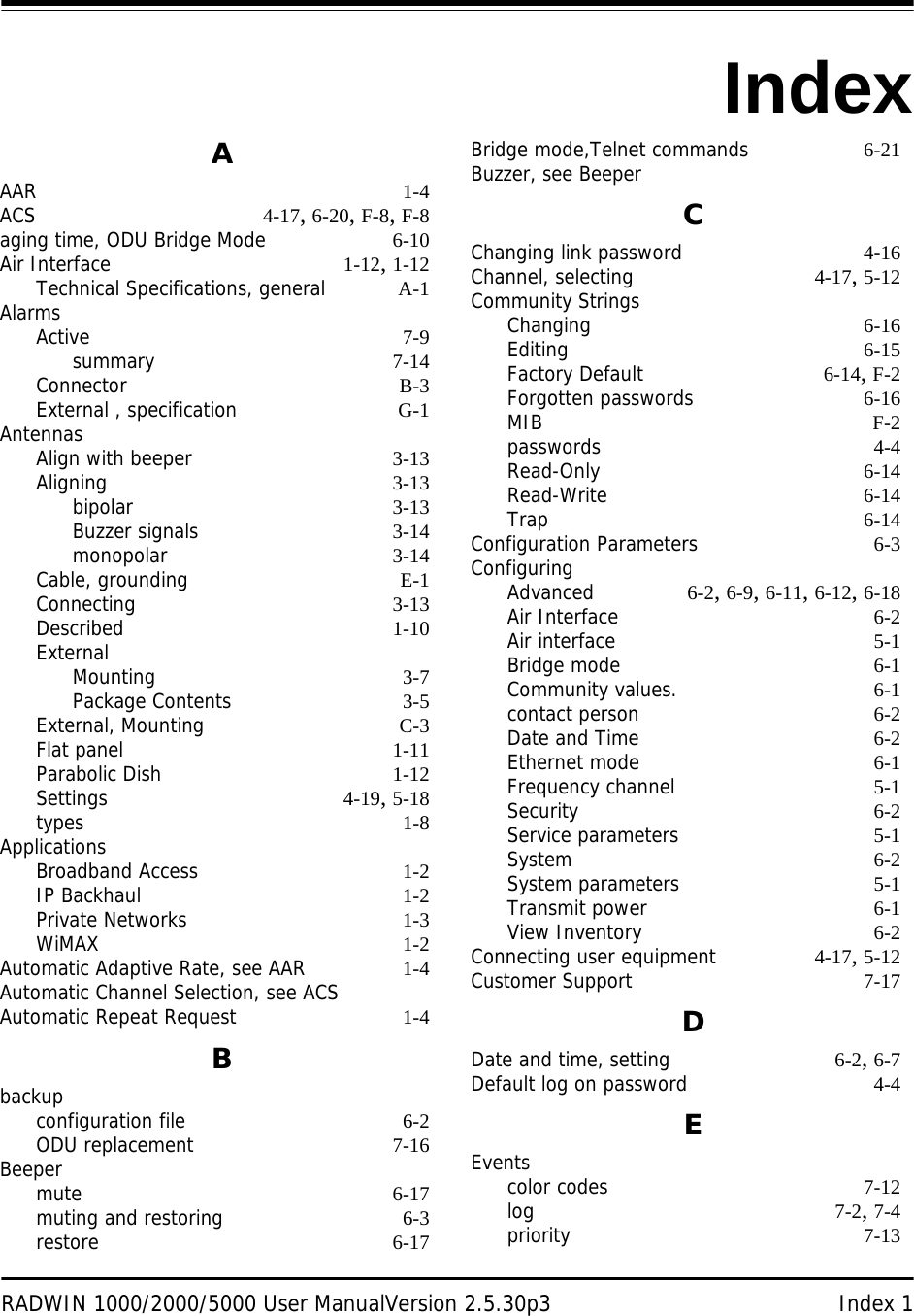 RADWIN 1000/2000/5000 User ManualVersion 2.5.30p3 Index 1Index AAAR 1-4ACS 4-17, 6-20, F-8, F-8aging time, ODU Bridge Mode 6-10Air Interface 1-12, 1-12Technical Specifications, general A-1AlarmsActive 7-9summary 7-14Connector B-3External , specification G-1AntennasAlign with beeper 3-13Aligning 3-13bipolar 3-13Buzzer signals 3-14monopolar 3-14Cable, grounding E-1Connecting 3-13Described 1-10ExternalMounting 3-7Package Contents 3-5External, Mounting C-3Flat panel 1-11Parabolic Dish 1-12Settings 4-19, 5-18types 1-8ApplicationsBroadband Access 1-2IP Backhaul 1-2Private Networks 1-3WiMAX 1-2Automatic Adaptive Rate, see AAR 1-4Automatic Channel Selection, see ACSAutomatic Repeat Request 1-4Bbackupconfiguration file 6-2ODU replacement 7-16Beepermute 6-17muting and restoring 6-3restore 6-17Bridge mode,Telnet commands 6-21Buzzer, see BeeperCChanging link password 4-16Channel, selecting 4-17, 5-12Community StringsChanging 6-16Editing 6-15Factory Default 6-14, F-2Forgotten passwords 6-16MIB F-2passwords 4-4Read-Only 6-14Read-Write 6-14Trap 6-14Configuration Parameters 6-3ConfiguringAdvanced 6-2, 6-9, 6-11, 6-12, 6-18Air Interface 6-2Air interface 5-1Bridge mode 6-1Community values. 6-1contact person 6-2Date and Time 6-2Ethernet mode 6-1Frequency channel 5-1Security 6-2Service parameters 5-1System 6-2System parameters 5-1Transmit power 6-1View Inventory 6-2Connecting user equipment 4-17, 5-12Customer Support 7-17DDate and time, setting 6-2, 6-7Default log on password 4-4EEventscolor codes 7-12log 7-2, 7-4priority 7-13Index