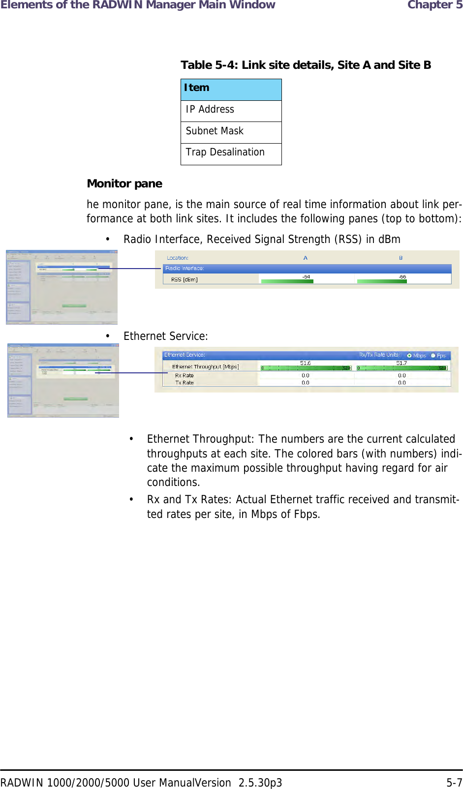 Elements of the RADWIN Manager Main Window  Chapter 5RADWIN 1000/2000/5000 User ManualVersion  2.5.30p3 5-7Monitor panehe monitor pane, is the main source of real time information about link per-formance at both link sites. It includes the following panes (top to bottom):• Radio Interface, Received Signal Strength (RSS) in dBm• Ethernet Service:• Ethernet Throughput: The numbers are the current calculated throughputs at each site. The colored bars (with numbers) indi-cate the maximum possible throughput having regard for air conditions.• Rx and Tx Rates: Actual Ethernet traffic received and transmit-ted rates per site, in Mbps of Fbps.Table 5-4: Link site details, Site A and Site BItemIP AddressSubnet MaskTrap Desalination