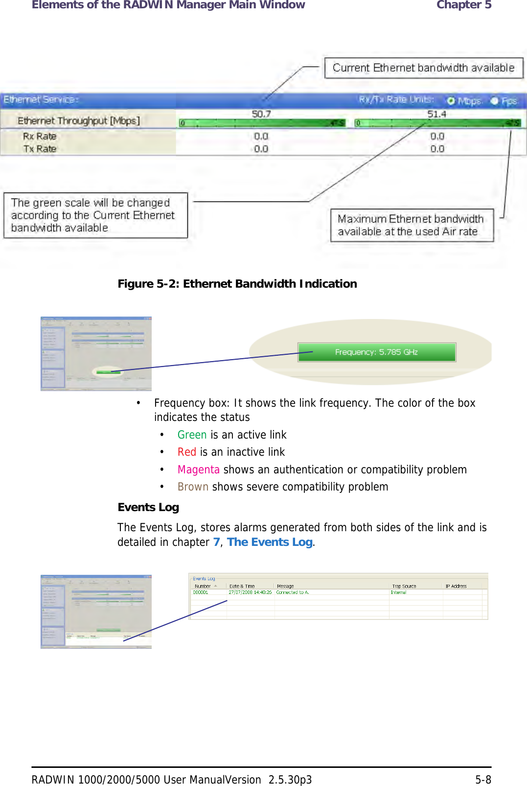 Elements of the RADWIN Manager Main Window  Chapter 5RADWIN 1000/2000/5000 User ManualVersion  2.5.30p3 5-8Figure 5-2: Ethernet Bandwidth Indication• Frequency box: It shows the link frequency. The color of the box indicates the status•Green is an active link•Red is an inactive link•Magenta shows an authentication or compatibility problem•Brown shows severe compatibility problemEvents LogThe Events Log, stores alarms generated from both sides of the link and is detailed in chapter 7, The Events Log.