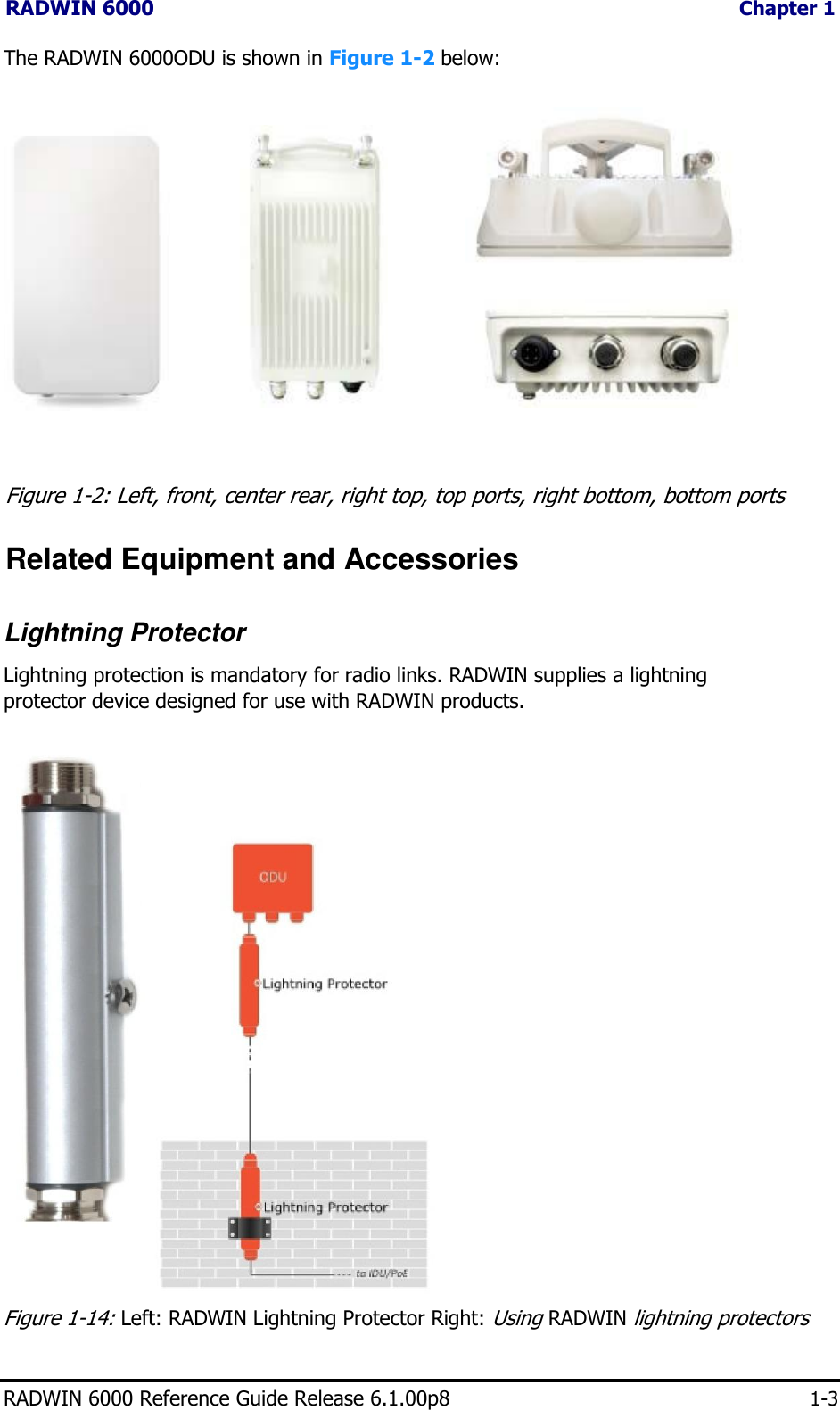 RADWIN 6000                  Chapter 1  The RADWIN 6000ODU is shown in Figure 1-2 below:                                            Figure 1-2: Left, front, center rear, right top, top ports, right bottom, bottom ports  Related Equipment and Accessories     Lightning Protector  Lightning protection is mandatory for radio links. RADWIN supplies a lightning protector device designed for use with RADWIN products.                                Figure 1-14: Left: RADWIN Lightning Protector Right: Using RADWIN lightning protectors    RADWIN 6000 Reference Guide Release 6.1.00p8 1-3   
