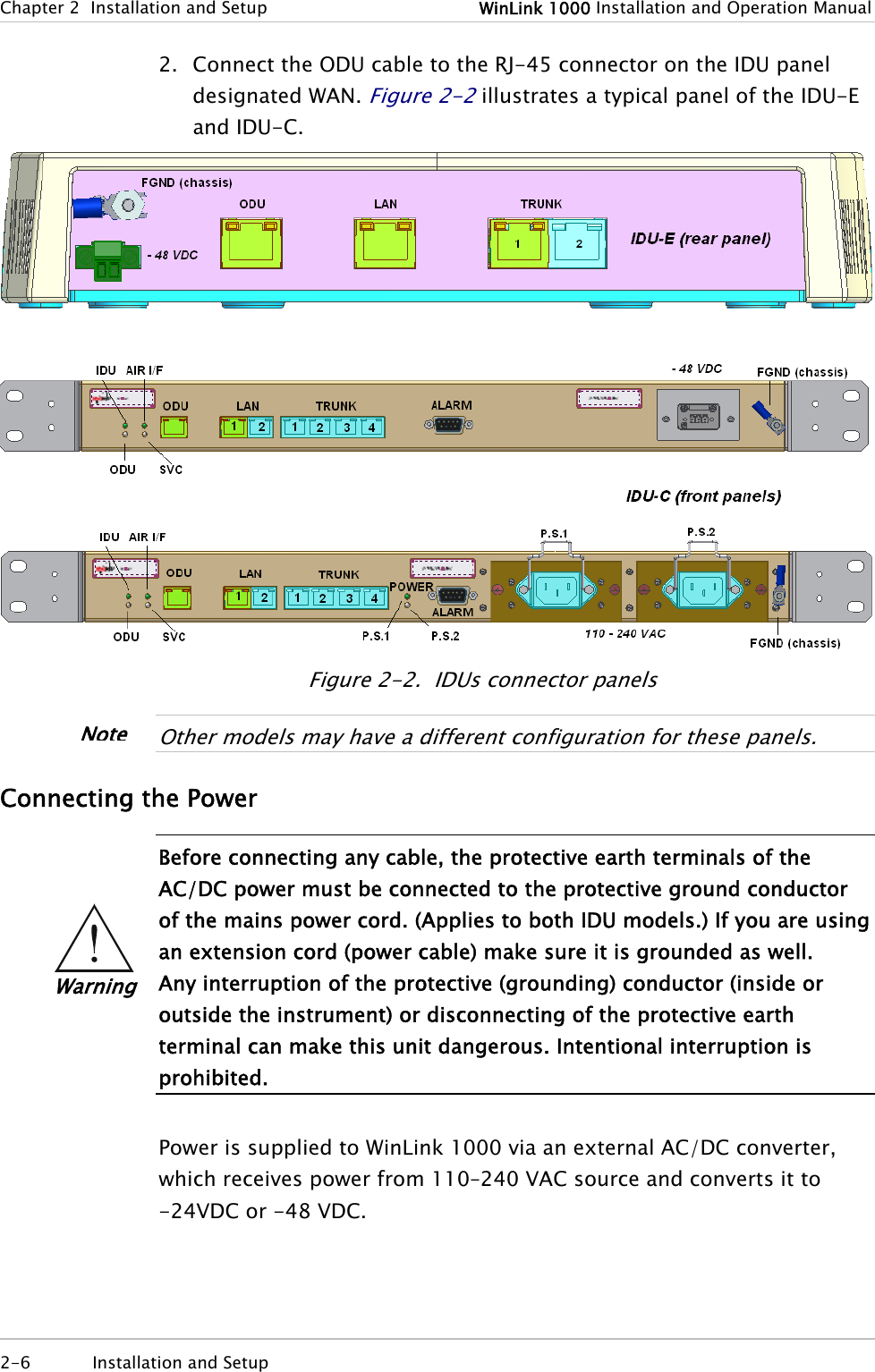 Chapter 2  Installation and Setup  WinLink 1000 Installation and Operation Manual 2-6  Installation and Setup  2. Connect the ODU cable to the RJ-45 connector on the IDU panel designated WAN. Figure 2-2 illustrates a typical panel of the IDU-E and IDU-C.    Figure 2-2.  IDUs connector panels  Other models may have a different configuration for these panels.  Connecting the Power  Before connecting any cable, the protective earth terminals of the AC/DC power must be connected to the protective ground conductor of the mains power cord. (Applies to both IDU models.) If you are using an extension cord (power cable) make sure it is grounded as well. Any interruption of the protective (grounding) conductor (inside or outside the instrument) or disconnecting of the protective earth terminal can make this unit dangerous. Intentional interruption is prohibited.  Power is supplied to WinLink 1000 via an external AC/DC converter, which receives power from 110–240 VAC source and converts it to -24VDC or -48 VDC. Warning Note