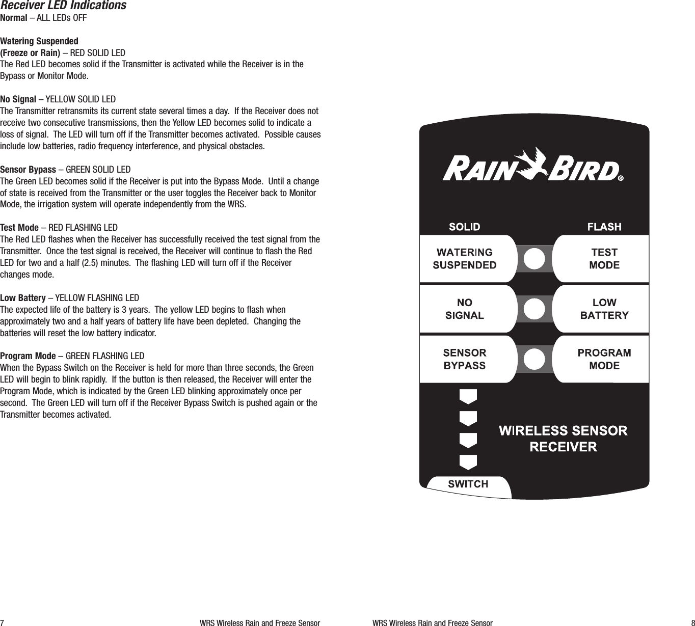 WRS Wireless Rain and Freeze Sensor 8Receiver LED IndicationsNormal &ndash; ALL LEDs OFF Watering Suspended(Freeze or Rain) &ndash; RED SOLID LEDThe Red LED becomes solid if the Transmitter is activated while the Receiver is in theBypass or Monitor Mode.No Signal &ndash; YELLOW SOLID LEDThe Transmitter retransmits its current state several times a day. If the Receiver does notreceive two consecutive transmissions, then the Yellow LED becomes solid to indicate aloss of signal. The LED will turn off if the Transmitter becomes activated. Possible causesinclude low batteries, radio frequency interference, and physical obstacles.Sensor Bypass &ndash; GREEN SOLID LEDThe Green LED becomes solid if the Receiver is put into the Bypass Mode. Until a changeof state is received from the Transmitter or the user toggles the Receiver back to MonitorMode, the irrigation system will operate independently from the WRS.Test Mode &ndash; RED FLASHING LEDThe Red LED flashes when the Receiver has successfully received the test signal from theTransmitter. Once the test signal is received, the Receiver will continue to flash the RedLED for two and a half (2.5) minutes. The flashing LED will turn off if the Receiverchanges mode.Low Battery &ndash; YELLOW FLASHING LEDThe expected life of the battery is 3 years. The yellow LED begins to flash whenapproximately two and a half years of battery life have been depleted. Changing thebatteries will reset the low battery indicator.Program Mode &ndash; GREEN FLASHING LEDWhen the Bypass Switch on the Receiver is held for more than three seconds, the GreenLED will begin to blink rapidly. If the button is then released, the Receiver will enter theProgram Mode, which is indicated by the Green LED blinking approximately once persecond. The Green LED will turn off if the Receiver Bypass Switch is pushed again or theTransmitter becomes activated.7 WRS Wireless Rain and Freeze Sensor
