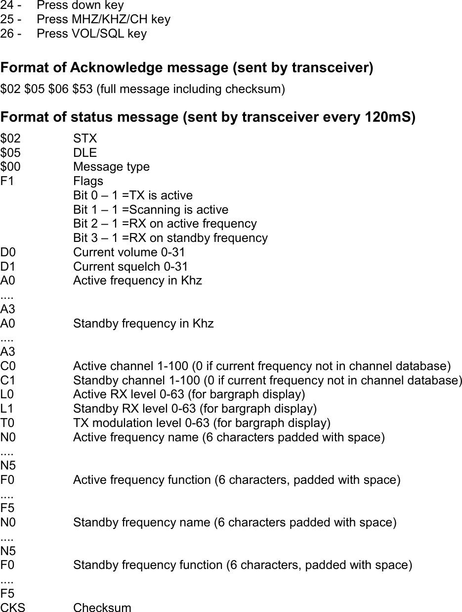 24 - Press down key25 -  Press MHZ/KHZ/CH key26 -  Press VOL/SQL keyFormat of Acknowledge message (sent by transceiver)$02 $05 $06 $53 (full message including checksum)Format of status message (sent by transceiver every 120mS)$02 STX$05 DLE$00 Message typeF1           FlagsBit 0 – 1 =TX is activeBit 1 – 1 =Scanning is activeBit 2 – 1 =RX on active frequencyBit 3 – 1 =RX on standby frequencyD0 Current volume 0-31D1 Current squelch 0-31A0 Active frequency in Khz....A3A0 Standby frequency in Khz....A3C0 Active channel 1-100 (0 if current frequency not in channel database)C1 Standby channel 1-100 (0 if current frequency not in channel database)L0 Active RX level 0-63 (for bargraph display)L1 Standby RX level 0-63 (for bargraph display)T0 TX modulation level 0-63 (for bargraph display)N0 Active frequency name (6 characters padded with space)....N5F0 Active frequency function (6 characters, padded with space)....F5N0 Standby frequency name (6 characters padded with space)....N5F0 Standby frequency function (6 characters, padded with space)....F5CKS Checksum