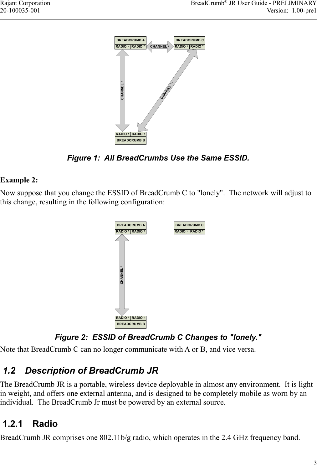 Rajant Corporation BreadCrumb® JR User Guide - PRELIMINARY20-100035-001 Version:  1.00-pre1Example 2:Now suppose that you change the ESSID of BreadCrumb C to &quot;lonely&quot;.  The network will adjust to this change, resulting in the following configuration:Note that BreadCrumb C can no longer communicate with A or B, and vice versa. 1.2  Description of BreadCrumb JRThe BreadCrumb JR is a portable, wireless device deployable in almost any environment.  It is light in weight, and offers one external antenna, and is designed to be completely mobile as worn by an individual.  The BreadCrumb Jr must be powered by an external source.,*-*, BreadCrumb JR comprises one 802.11b/g radio, which operates in the 2.4 GHz frequency band.3Figure 1:  All BreadCrumbs Use the Same ESSID.:::;5&lt;.5:5:.5&lt;5:.5&lt;Figure 2:  ESSID of BreadCrumb C Changes to &quot;lonely.&quot;;5&lt;.5:5:.5&lt;5&lt;.5: