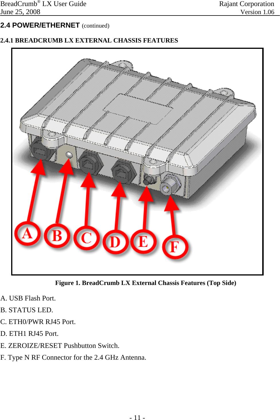 BreadCrumb® LX User Guide  Rajant Corporation  June 25, 2008  Version 1.06 - 11 - 2.4 POWER/ETHERNET (continued) 2.4.1 BREADCRUMB LX EXTERNAL CHASSIS FEATURES  Figure 1. BreadCrumb LX External Chassis Features (Top Side) A. USB Flash Port. B. STATUS LED. C. ETH0/PWR RJ45 Port. D. ETH1 RJ45 Port. E. ZEROIZE/RESET Pushbutton Switch. F. Type N RF Connector for the 2.4 GHz Antenna. 