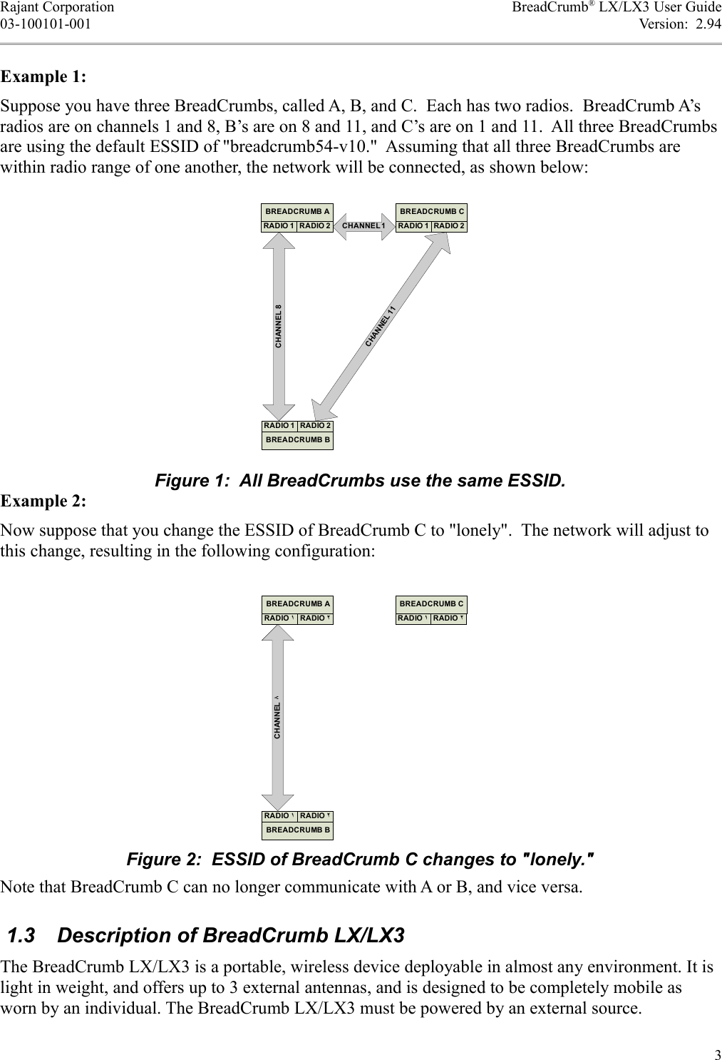 Rajant Corporation BreadCrumb® LX/LX3 User Guide03-100101-001 Version:  2.94Example 1:Suppose you have three BreadCrumbs, called A, B, and C.  Each has two radios.  BreadCrumb A’s radios are on channels 1 and 8, B’s are on 8 and 11, and C’s are on 1 and 11.  All three BreadCrumbs are using the default ESSID of &quot;breadcrumb54-v10.&quot;  Assuming that all three BreadCrumbs are within radio range of one another, the network will be connected, as shown below:Example 2:Now suppose that you change the ESSID of BreadCrumb C to &quot;lonely&quot;.  The network will adjust to this change, resulting in the following configuration:Note that BreadCrumb C can no longer communicate with A or B, and vice versa. 1.3  Description of BreadCrumb LX/LX3The BreadCrumb LX/LX3 is a portable, wireless device deployable in almost any environment. It is light in weight, and offers up to 3 external antennas, and is designed to be completely mobile as worn by an individual. The BreadCrumb LX/LX3 must be powered by an external source. 3Figure 1:  All BreadCrumbs use the same ESSID.3..5(3..5((3..59:3;):53:*7:3;(:3;(:53:*7:3;):3;(:53:*73:3;)Figure 2:  ESSID of BreadCrumb C changes to &quot;lonely.&quot;3..5&lt;:3;=:53:*7:3;&gt;:3;&gt;:53:*7:3;=:3;=:53:*73:3;&gt;