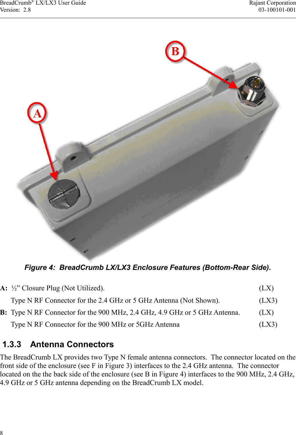 BreadCrumb® LX/LX3 User Guide Rajant CorporationVersion:  2.8 03-100101-001A:  ½” Closure Plug (Not Utilized). (LX)      Type N RF Connector for the 2.4 GHz or 5 GHz Antenna (Not Shown). (LX3)B:  Type N RF Connector for the 900 MHz, 2.4 GHz, 4.9 GHz or 5 GHz Antenna. (LX)      Type N RF Connector for the 900 MHz or 5GHz Antenna (LX3) 1.3.3  Antenna ConnectorsThe BreadCrumb LX provides two Type N female antenna connectors.  The connector located on the front side of the enclosure (see F in Figure 3) interfaces to the 2.4 GHz antenna.  The connector located on the the back side of the enclosure (see B in Figure 4) interfaces to the 900 MHz, 2.4 GHz, 4.9 GHz or 5 GHz antenna depending on the BreadCrumb LX model.8Figure 4:  BreadCrumb LX/LX3 Enclosure Features (Bottom-Rear Side).