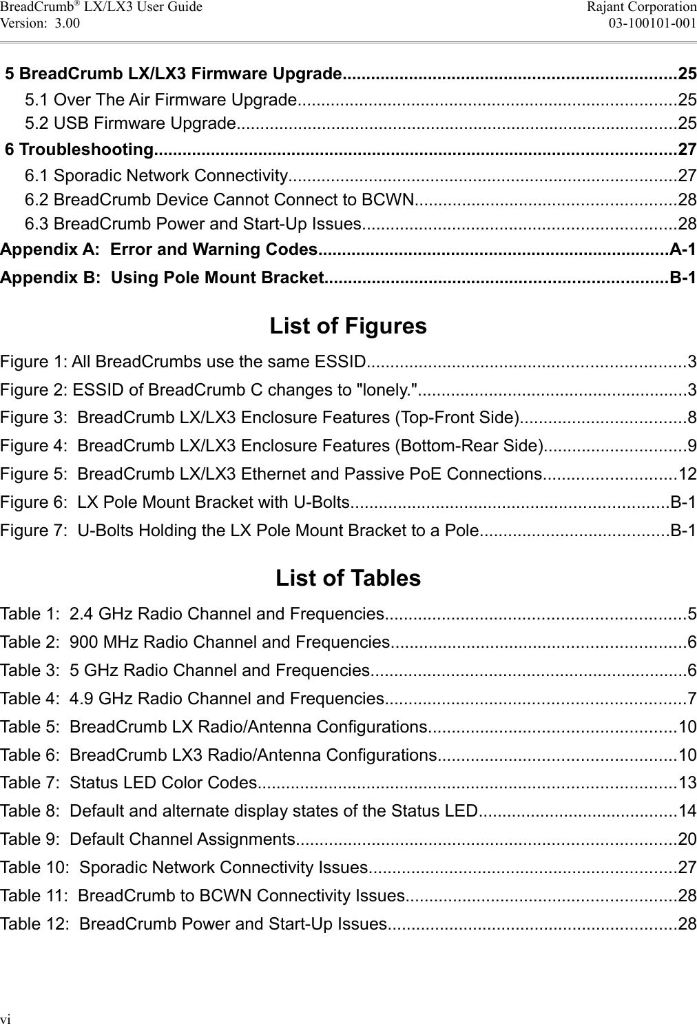 BreadCrumb® LX/LX3 User Guide Rajant CorporationVersion:  3.00 03-100101-001 5 BreadCrumb LX/LX3 Firmware Upgrade......................................................................25 5.1 Over The Air Firmware Upgrade................................................................................25 5.2 USB Firmware Upgrade.............................................................................................25 6 Troubleshooting..............................................................................................................27 6.1 Sporadic Network Connectivity..................................................................................27 6.2 BreadCrumb Device Cannot Connect to BCWN.......................................................28 6.3 BreadCrumb Power and Start-Up Issues..................................................................28Appendix A:  Error and Warning Codes..........................................................................A-1Appendix B:  Using Pole Mount Bracket........................................................................B-1List of FiguresFigure 1: All BreadCrumbs use the same ESSID...................................................................3Figure 2: ESSID of BreadCrumb C changes to &quot;lonely.&quot;.........................................................3Figure 3:  BreadCrumb LX/LX3 Enclosure Features (Top-Front Side)...................................8Figure 4:  BreadCrumb LX/LX3 Enclosure Features (Bottom-Rear Side)..............................9Figure 5:  BreadCrumb LX/LX3 Ethernet and Passive PoE Connections............................12Figure 6:  LX Pole Mount Bracket with U-Bolts...................................................................B-1Figure 7:  U-Bolts Holding the LX Pole Mount Bracket to a Pole........................................B-1List of TablesTable 1:  2.4 GHz Radio Channel and Frequencies...............................................................5Table 2:  900 MHz Radio Channel and Frequencies..............................................................6Table 3:  5 GHz Radio Channel and Frequencies...................................................................6Table 4:  4.9 GHz Radio Channel and Frequencies...............................................................7Table 5:  BreadCrumb LX Radio/Antenna Configurations....................................................10Table 6:  BreadCrumb LX3 Radio/Antenna Configurations..................................................10Table 7:  Status LED Color Codes........................................................................................13Table 8:  Default and alternate display states of the Status LED..........................................14Table 9:  Default Channel Assignments................................................................................20Table 10:  Sporadic Network Connectivity Issues.................................................................27Table 11:  BreadCrumb to BCWN Connectivity Issues.........................................................28Table 12:  BreadCrumb Power and Start-Up Issues.............................................................28vi