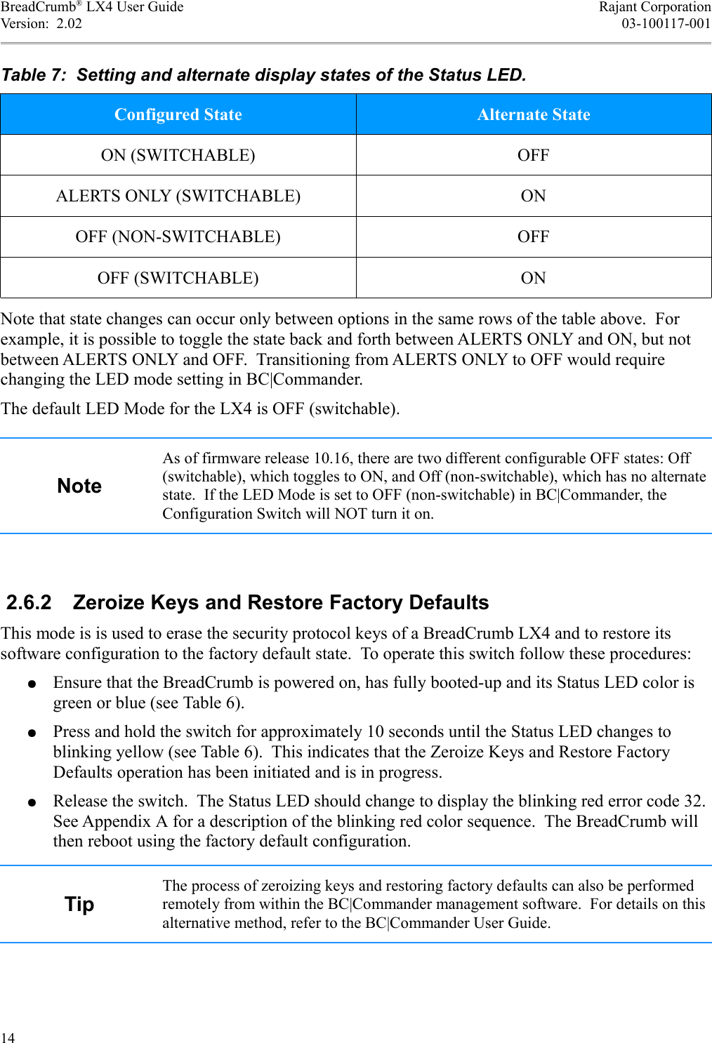 BreadCrumb® LX4 User Guide Rajant CorporationVersion:  2.02 03-100117-001Table 7:  Setting and alternate display states of the Status LED.Configured State Alternate StateON (SWITCHABLE) OFFALERTS ONLY (SWITCHABLE) ONOFF (NON-SWITCHABLE) OFFOFF (SWITCHABLE) ONNote that state changes can occur only between options in the same rows of the table above.  For example, it is possible to toggle the state back and forth between ALERTS ONLY and ON, but not between ALERTS ONLY and OFF.  Transitioning from ALERTS ONLY to OFF would require changing the LED mode setting in BC|Commander.The default LED Mode for the LX4 is OFF (switchable).NoteAs of firmware release 10.16, there are two different configurable OFF states: Off (switchable), which toggles to ON, and Off (non-switchable), which has no alternate state.  If the LED Mode is set to OFF (non-switchable) in BC|Commander, the Configuration Switch will NOT turn it on. 2.6.2  Zeroize Keys and Restore Factory DefaultsThis mode is is used to erase the security protocol keys of a BreadCrumb LX4 and to restore its software configuration to the factory default state.  To operate this switch follow these procedures:●Ensure that the BreadCrumb is powered on, has fully booted-up and its Status LED color is green or blue (see Table 6).●Press and hold the switch for approximately 10 seconds until the Status LED changes to blinking yellow (see Table 6).  This indicates that the Zeroize Keys and Restore Factory Defaults operation has been initiated and is in progress.●Release the switch.  The Status LED should change to display the blinking red error code 32. See Appendix A for a description of the blinking red color sequence.  The BreadCrumb will then reboot using the factory default configuration.TipThe process of zeroizing keys and restoring factory defaults can also be performed remotely from within the BC|Commander management software.  For details on this alternative method, refer to the BC|Commander User Guide.14