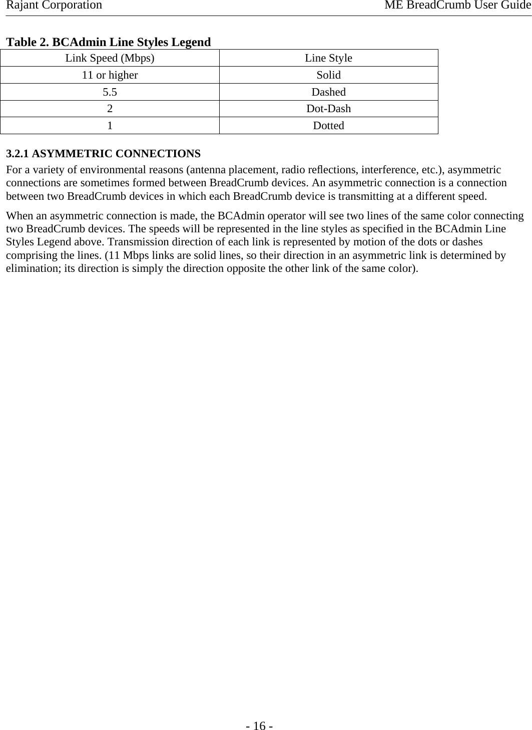 Rajant Corporation    ME BreadCrumb User Guide  - 16 - Table 2. BCAdmin Line Styles Legend Link Speed (Mbps)   Line Style  11 or higher  Solid  5.5   Dashed  2   Dot-Dash  1   Dotted  3.2.1 ASYMMETRIC CONNECTIONS For a variety of environmental reasons (antenna placement, radio reﬂections, interference, etc.), asymmetric connections are sometimes formed between BreadCrumb devices. An asymmetric connection is a connection between two BreadCrumb devices in which each BreadCrumb device is transmitting at a different speed.  When an asymmetric connection is made, the BCAdmin operator will see two lines of the same color connecting two BreadCrumb devices. The speeds will be represented in the line styles as speciﬁed in the BCAdmin Line Styles Legend above. Transmission direction of each link is represented by motion of the dots or dashes comprising the lines. (11 Mbps links are solid lines, so their direction in an asymmetric link is determined by elimination; its direction is simply the direction opposite the other link of the same color).  