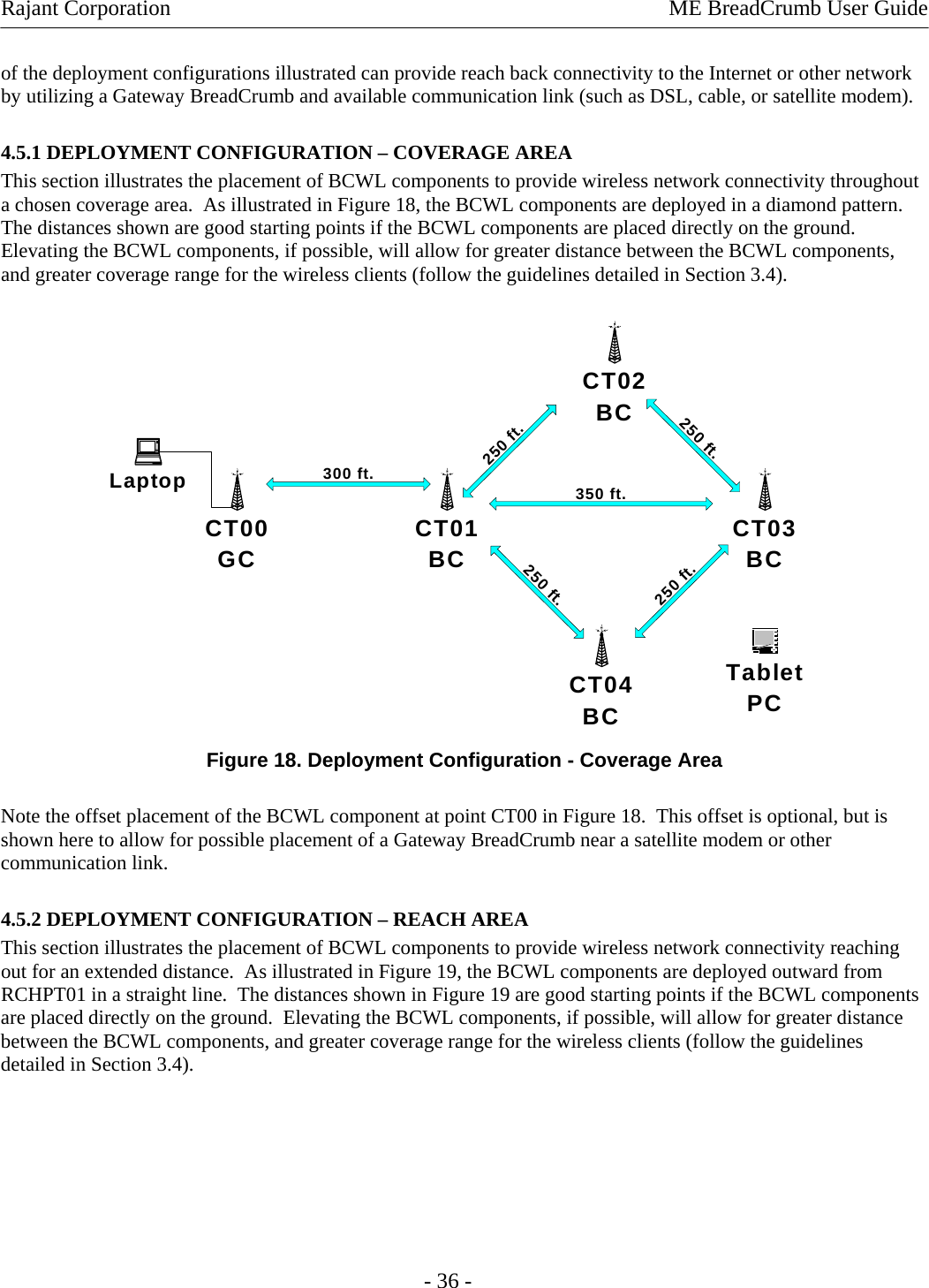 Rajant Corporation    ME BreadCrumb User Guide  of the deployment configurations illustrated can provide reach back connectivity to the Internet or other network by utilizing a Gateway BreadCrumb and available communication link (such as DSL, cable, or satellite modem). 4.5.1 DEPLOYMENT CONFIGURATION – COVERAGE AREA This section illustrates the placement of BCWL components to provide wireless network connectivity throughout a chosen coverage area.  As illustrated in Figure 18, the BCWL components are deployed in a diamond pattern.  The distances shown are good starting points if the BCWL components are placed directly on the ground.  Elevating the BCWL components, if possible, will allow for greater distance between the BCWL components, and greater coverage range for the wireless clients (follow the guidelines detailed in Section 3.4). CT00GCLaptopTabletPCCT01BCCT02BCCT03BCCT04BC350 ft.250 ft.300 ft.250 ft.250 ft.250 ft. Figure 18. Deployment Configuration - Coverage Area Note the offset placement of the BCWL component at point CT00 in Figure 18.  This offset is optional, but is shown here to allow for possible placement of a Gateway BreadCrumb near a satellite modem or other communication link. 4.5.2 DEPLOYMENT CONFIGURATION – REACH AREA This section illustrates the placement of BCWL components to provide wireless network connectivity reaching out for an extended distance.  As illustrated in Figure 19, the BCWL components are deployed outward from RCHPT01 in a straight line.  The distances shown in Figure 19 are good starting points if the BCWL components are placed directly on the ground.  Elevating the BCWL components, if possible, will allow for greater distance between the BCWL components, and greater coverage range for the wireless clients (follow the guidelines detailed in Section 3.4).  - 36 - 
