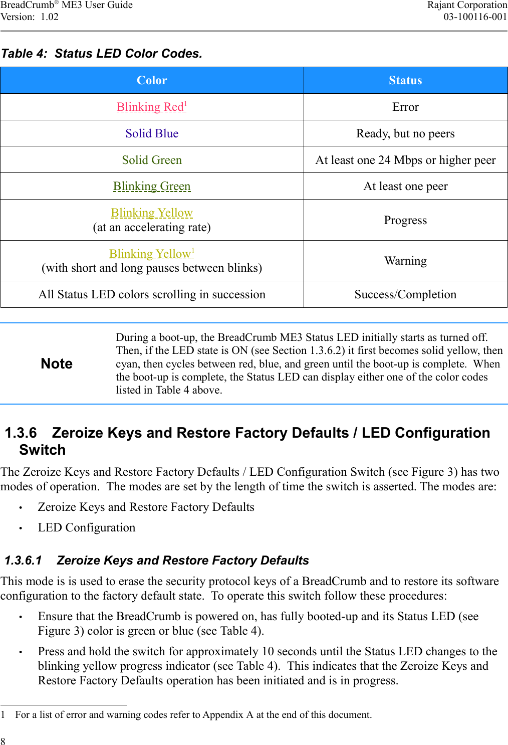 BreadCrumb® ME3 User Guide Rajant CorporationVersion:  1.02 03-100116-001Table 4:  Status LED Color Codes.Color StatusBlinking Red   1   ErrorSolid Blue Ready, but no peersSolid Green At least one 24 Mbps or higher peerBlinking Green At least one peerBlinking Yellow(at an accelerating rate) ProgressBlinking Yellow   1  (with short and long pauses between blinks) WarningAll Status LED colors scrolling in succession Success/CompletionNoteDuring a boot-up, the BreadCrumb ME3 Status LED initially starts as turned off. Then, if the LED state is ON (see Section 1.3.6.2) it first becomes solid yellow, then cyan, then cycles between red, blue, and green until the boot-up is complete.  When the boot-up is complete, the Status LED can display either one of the color codes listed in Table 4 above. 1.3.6  Zeroize Keys and Restore Factory Defaults / LED Configuration SwitchThe Zeroize Keys and Restore Factory Defaults / LED Configuration Switch (see Figure 3) has two modes of operation.  The modes are set by the length of time the switch is asserted. The modes are:•Zeroize Keys and Restore Factory Defaults•LED Configuration 1.3.6.1  Zeroize Keys and Restore Factory DefaultsThis mode is is used to erase the security protocol keys of a BreadCrumb and to restore its software configuration to the factory default state.  To operate this switch follow these procedures:•Ensure that the BreadCrumb is powered on, has fully booted-up and its Status LED (see Figure 3) color is green or blue (see Table 4).•Press and hold the switch for approximately 10 seconds until the Status LED changes to the blinking yellow progress indicator (see Table 4).  This indicates that the Zeroize Keys and Restore Factory Defaults operation has been initiated and is in progress.1 For a list of error and warning codes refer to Appendix A at the end of this document.8