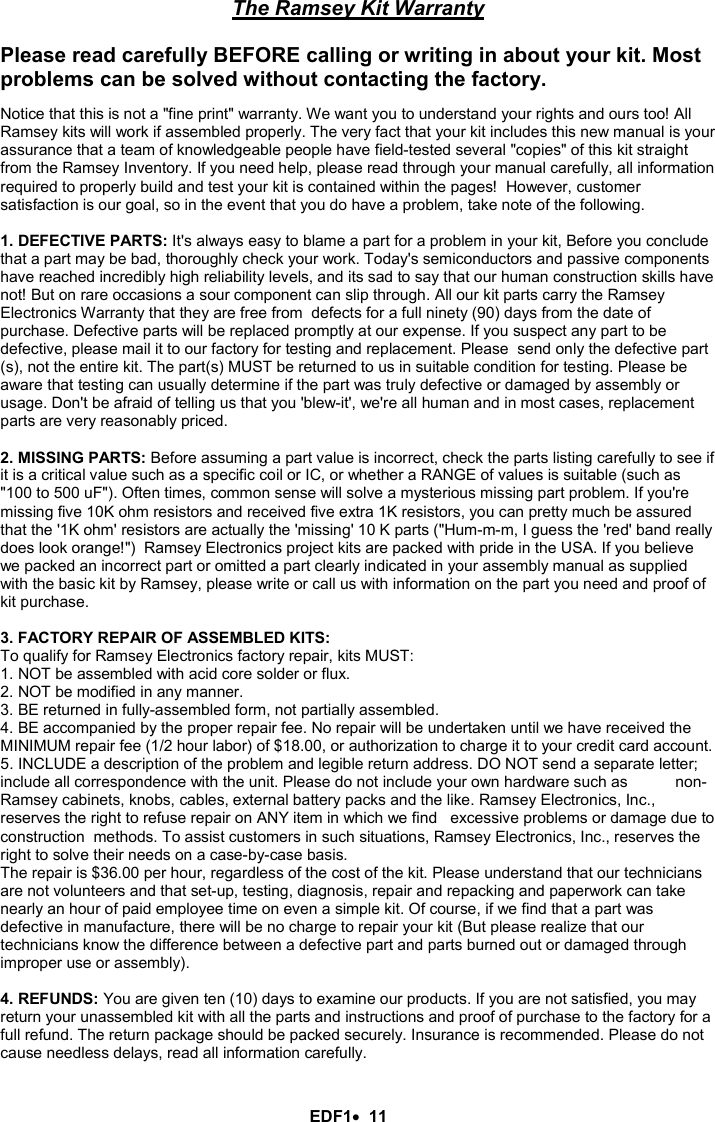 Page 11 of 12 - Ramsey-Electronics Ramsey-Electronics-Fan-Edf1-Users-Manual- EDF1  Ramsey-electronics-fan-edf1-users-manual