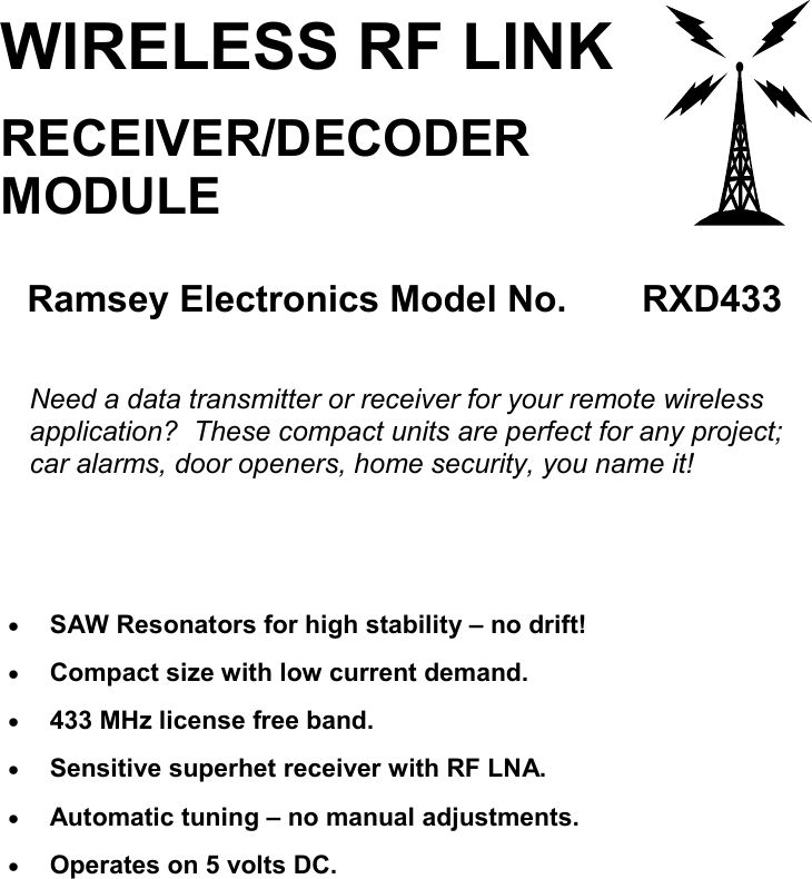 Page 1 of 8 - Ramsey-Electronics Ramsey-Electronics-Wireless-Rf-Link-Receiver-Decoder-Rxd433-Users-Manual- Rxd-433  Ramsey-electronics-wireless-rf-link-receiver-decoder-rxd433-users-manual
