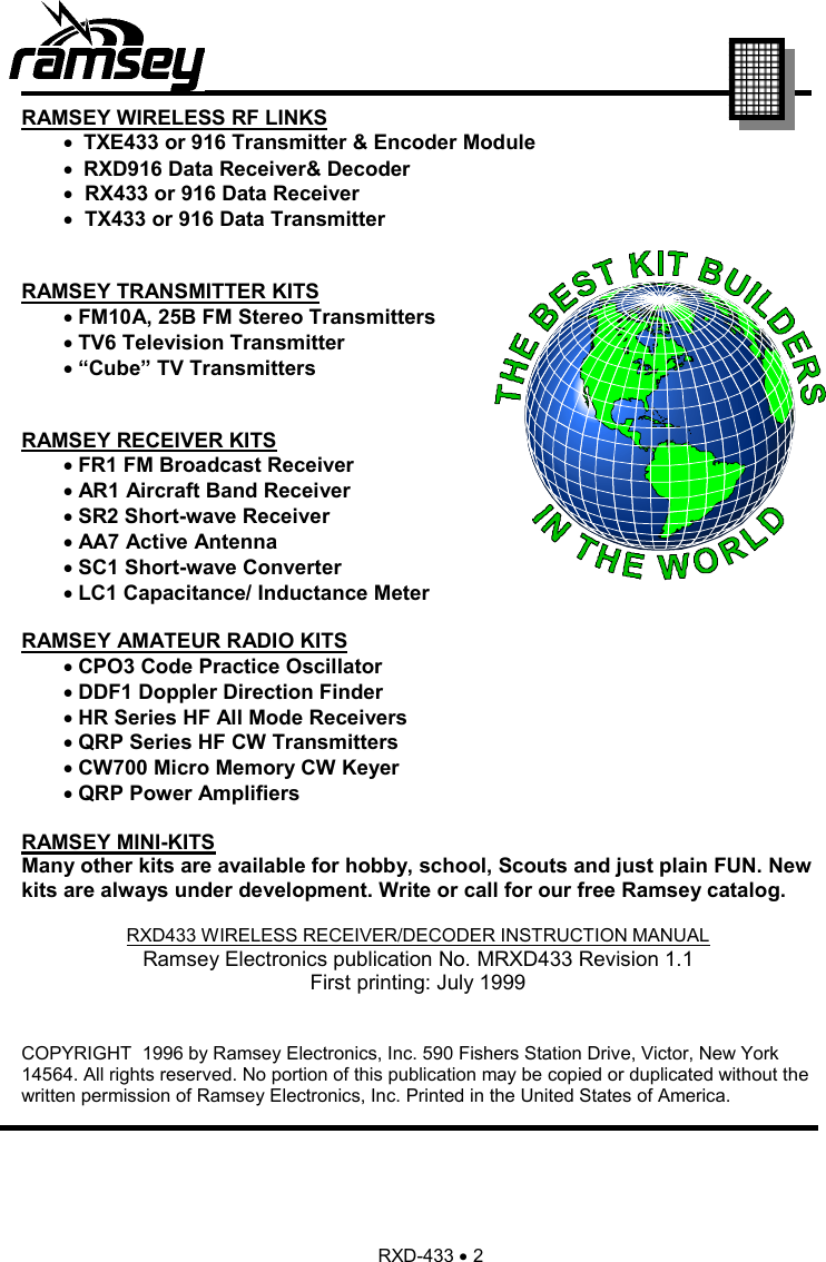 Page 2 of 8 - Ramsey-Electronics Ramsey-Electronics-Wireless-Rf-Link-Receiver-Decoder-Rxd433-Users-Manual- Rxd-433  Ramsey-electronics-wireless-rf-link-receiver-decoder-rxd433-users-manual