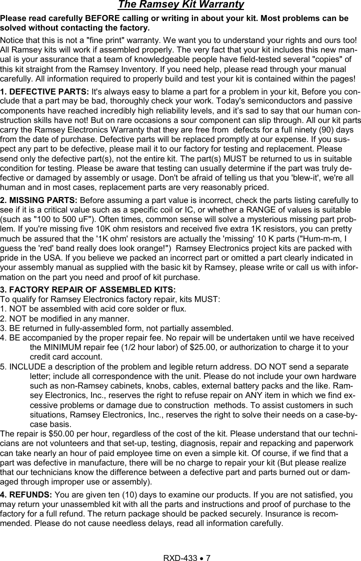 Page 7 of 8 - Ramsey-Electronics Ramsey-Electronics-Wireless-Rf-Link-Receiver-Decoder-Rxd433-Users-Manual- Rxd-433  Ramsey-electronics-wireless-rf-link-receiver-decoder-rxd433-users-manual
