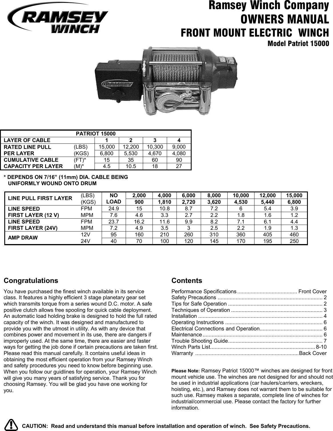 Page 1 of 12 - Ramsey Ramsey-Front-Mount-Electric-Winch-Patriot-15000-Users-Manual 914089-0405-M