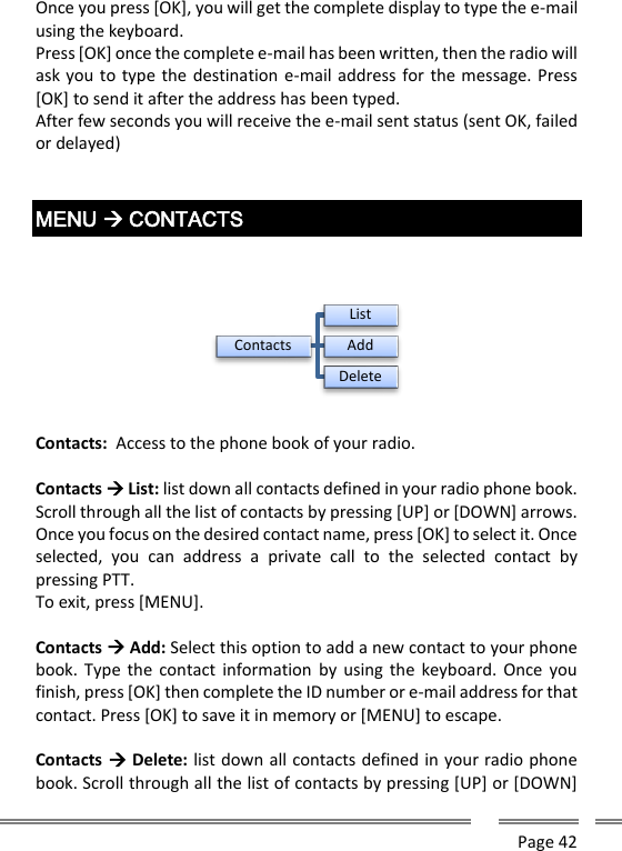      Page 42  Once you press [OK], you will get the complete display to type the e-mail using the keyboard.  Press [OK] once the complete e-mail has been written, then the radio will ask you to type the destination e-mail address for the message. Press [OK] to send it after the address has been typed. After few seconds you will receive the e-mail sent status (sent OK, failed or delayed)   MENU  CONTACTS     Contacts:  Access to the phone book of your radio.  Contacts  List: list down all contacts defined in your radio phone book. Scroll through all the list of contacts by pressing [UP] or [DOWN] arrows. Once you focus on the desired contact name, press [OK] to select it. Once selected,  you  can  address  a  private  call  to  the  selected  contact  by pressing PTT. To exit, press [MENU].  Contacts  Add: Select this option to add a new contact to your phone book. Type  the  contact  information by using  the  keyboard.  Once  you finish, press [OK] then complete the ID number or e-mail address for that contact. Press [OK] to save it in memory or [MENU] to escape.  Contacts  Delete: list down all contacts defined in your radio phone book. Scroll through all the list of contacts by pressing [UP] or [DOWN] ContactsListAddDelete