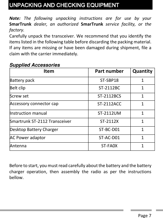     Page 7   UNPACKING AND CHECKING EQUIPMENT  Note:  The  following  unpacking  instructions  are  for  use  by  your SmarTrunk  dealer,  an  authorized  SmarTrunk  service  facility,  or  the factory. Carefully unpack the transceiver. We recommend that you identify the items listed in the following table before discarding the packing material. If any items are missing or have been damaged during shipment, file a claim with the carrier immediately.  Supplied Accessories Item Part number Quantity Battery pack ST-SBP18 1 Belt clip ST-2112BC 1 Screw set ST-2112BCS 1 Accessory connector cap ST-2112ACC 1 Instruction manual ST-2112UM 1 Smartrunk ST-2112 Transceiver ST-2112X 1 Desktop Battery Charger ST-BC-D01 1 AC Power adaptor ST-AC-D01 1 Antenna ST-FA0X 1   Before to start, you must read carefully about the battery and the battery charger  operation,  then  assembly  the  radio  as  per  the  instructions bellow.    