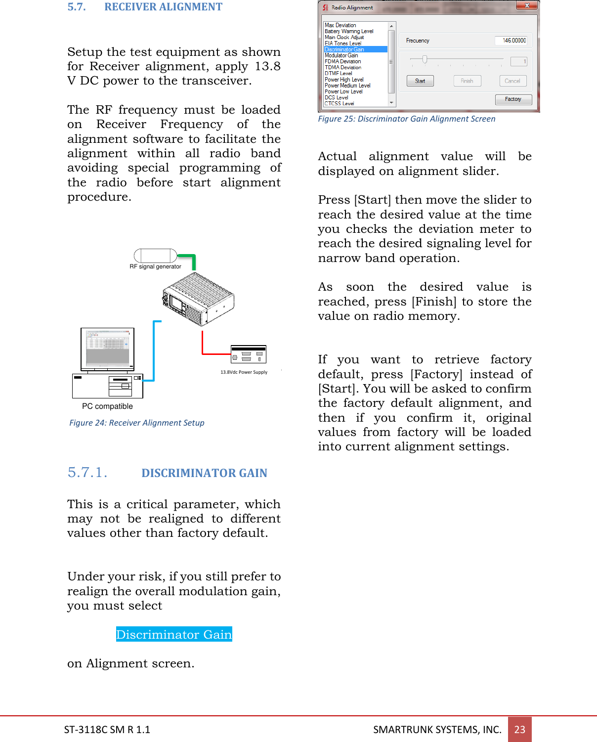 ST-3118C SM R 1.1                                                                                       SMARTRUNK SYSTEMS, INC. 23  5.7. RECEIVER ALIGNMENT   Setup the test equipment as shown for  Receiver  alignment,  apply  13.8 V DC power to the transceiver.  The  RF  frequency  must  be  loaded on  Receiver Frequency  of  the alignment software to facilitate the alignment  within  all  radio  band avoiding  special  programming  of the  radio  before  start  alignment procedure.    7.5V Power SupplyPC compatibleRF signal generator Figure 24: Receiver Alignment Setup    5.7.1. DISCRIMINATOR GAIN   This is  a critical  parameter,  which may  not  be  realigned  to  different values other than factory default.   Under your risk, if you still prefer to realign the overall modulation gain, you must select   Discriminator Gain  on Alignment screen.   Figure 25: Discriminator Gain Alignment Screen  Actual  alignment  value  will  be displayed on alignment slider.  Press [Start] then move the slider to reach the desired value at the time you  checks  the  deviation  meter  to reach the desired signaling level for narrow band operation.   As  soon  the  desired  value  is reached, press [Finish] to store the value on radio memory.   If  you  want  to  retrieve  factory default,  press  [Factory]  instead  of [Start]. You will be asked to confirm the  factory  default  alignment,  and then  if  you  confirm  it,  original values  from  factory  will  be  loaded into current alignment settings.         13.8Vdc Power Supply 