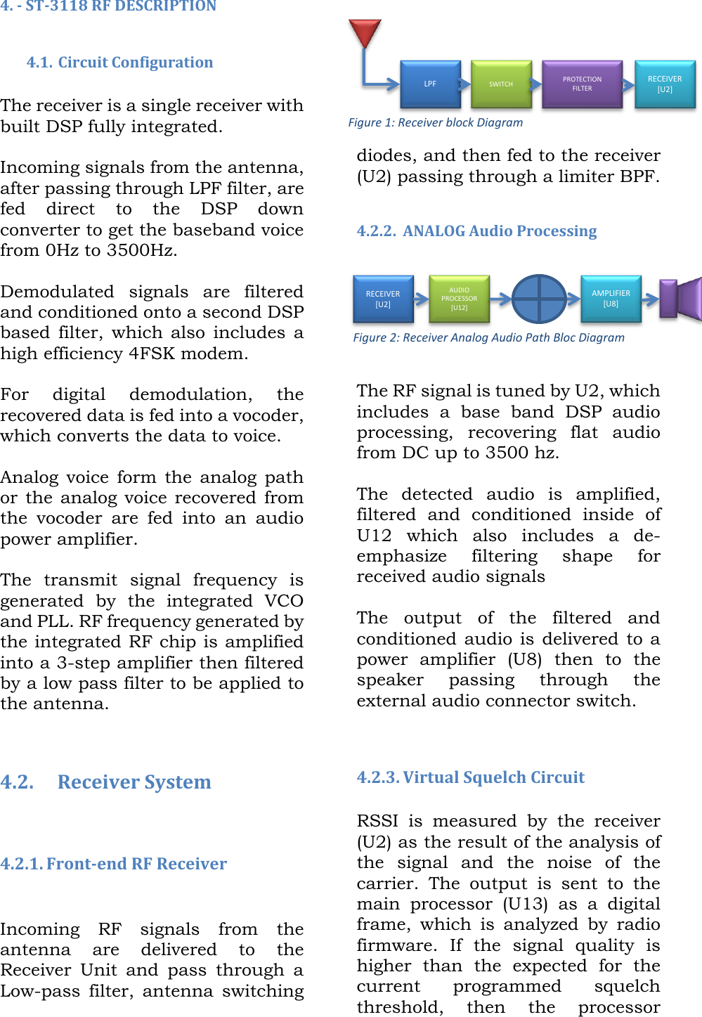4. - ST-3118 RF DESCRIPTION  4.1. Circuit Configuration  The receiver is a single receiver with built DSP fully integrated.  Incoming signals from the antenna, after passing through LPF filter, are fed  direct  to  the  DSP  down converter to get the baseband voice from 0Hz to 3500Hz.   Demodulated  signals  are  filtered and conditioned onto a second DSP based  filter,  which  also  includes  a high efficiency 4FSK modem.  For  digital  demodulation,  the recovered data is fed into a vocoder, which converts the data to voice.  Analog  voice  form  the  analog  path or  the analog  voice  recovered from the  vocoder  are  fed  into  an  audio power amplifier.  The  transmit  signal  frequency  is generated  by  the  integrated  VCO and PLL. RF frequency generated by the integrated RF chip is amplified into a 3-step amplifier then filtered by a low pass filter to be applied to the antenna.   4.2.  Receiver System   4.2.1. Front-end RF Receiver    Incoming  RF  signals  from  the antenna  are  delivered  to  the Receiver  Unit  and  pass  through  a Low-pass  filter,  antenna  switching diodes, and then fed to the receiver (U2) passing through a limiter BPF.  4.2.2. ANALOG Audio Processing   The RF signal is tuned by U2, which includes  a  base  band  DSP  audio processing,  recovering  flat  audio from DC up to 3500 hz.   The  detected  audio  is  amplified, filtered  and  conditioned  inside  of U12  which  also  includes  a  de-emphasize  filtering  shape  for received audio signals  The  output  of  the  filtered  and conditioned audio  is delivered  to  a power  amplifier  (U8)  then  to  the speaker  passing  through  the external audio connector switch.    4.2.3. Virtual Squelch Circuit  RSSI  is  measured  by  the  receiver (U2) as the result of the analysis of the  signal  and  the  noise  of  the carrier.  The  output  is  sent  to  the main  processor  (U13)  as  a  digital frame,  which  is  analyzed  by  radio firmware.  If  the  signal  quality  is higher  than  the  expected  for  the current  programmed  squelch threshold,  then  the  processor  LPF SWITCH PROTECTION FILTER RECEIVER [U2] RECEIVER [U2] AUDIO PROCESSOR [U12] AMPLIFIER [U8]    Figure 1: Receiver block Diagram Figure 2: Receiver Analog Audio Path Bloc Diagram 