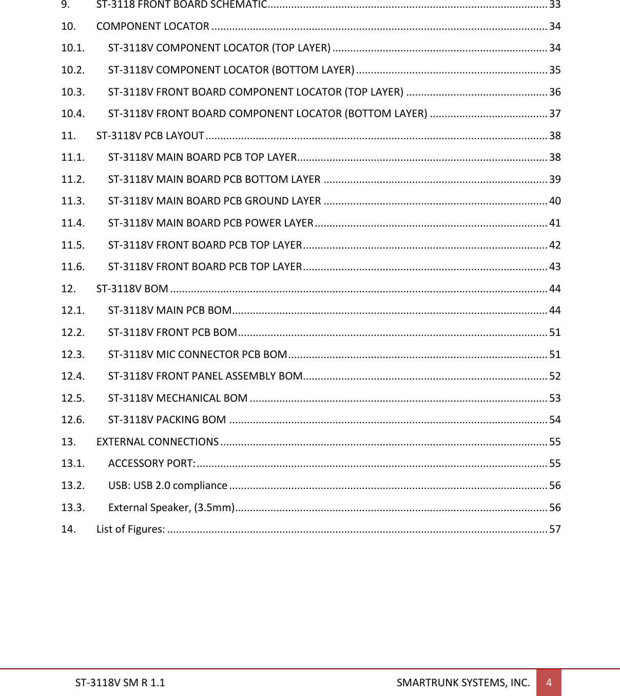  ST-3118V SM R 1.1                                                                                       SMARTRUNK SYSTEMS, INC. 4  9. ST-3118 FRONT BOARD SCHEMATIC ............................................................................................... 33 10.  COMPONENT LOCATOR .................................................................................................................. 34 10.1.  ST-3118V COMPONENT LOCATOR (TOP LAYER) ......................................................................... 34 10.2.  ST-3118V COMPONENT LOCATOR (BOTTOM LAYER) ................................................................. 35 10.3.  ST-3118V FRONT BOARD COMPONENT LOCATOR (TOP LAYER) ................................................ 36 10.4.  ST-3118V FRONT BOARD COMPONENT LOCATOR (BOTTOM LAYER) ........................................ 37 11. ST-3118V PCB LAYOUT .................................................................................................................... 38 11.1.  ST-3118V MAIN BOARD PCB TOP LAYER ..................................................................................... 38 11.2.  ST-3118V MAIN BOARD PCB BOTTOM LAYER ............................................................................ 39 11.3.  ST-3118V MAIN BOARD PCB GROUND LAYER ............................................................................ 40 11.4.  ST-3118V MAIN BOARD PCB POWER LAYER ............................................................................... 41 11.5.  ST-3118V FRONT BOARD PCB TOP LAYER ................................................................................... 42 11.6.  ST-3118V FRONT BOARD PCB TOP LAYER ................................................................................... 43 12. ST-3118V BOM ................................................................................................................................ 44 12.1.  ST-3118V MAIN PCB BOM ........................................................................................................... 44 12.2.  ST-3118V FRONT PCB BOM ......................................................................................................... 51 12.3.  ST-3118V MIC CONNECTOR PCB BOM ........................................................................................ 51 12.4.  ST-3118V FRONT PANEL ASSEMBLY BOM................................................................................... 52 12.5.  ST-3118V MECHANICAL BOM ..................................................................................................... 53 12.6.  ST-3118V PACKING BOM ............................................................................................................ 54 13.  EXTERNAL CONNECTIONS ............................................................................................................... 55 13.1.  ACCESSORY PORT: ....................................................................................................................... 55 13.2.  USB: USB 2.0 compliance ............................................................................................................ 56 13.3.  External Speaker, (3.5mm) .......................................................................................................... 56 14.  List of Figures: ................................................................................................................................. 57      