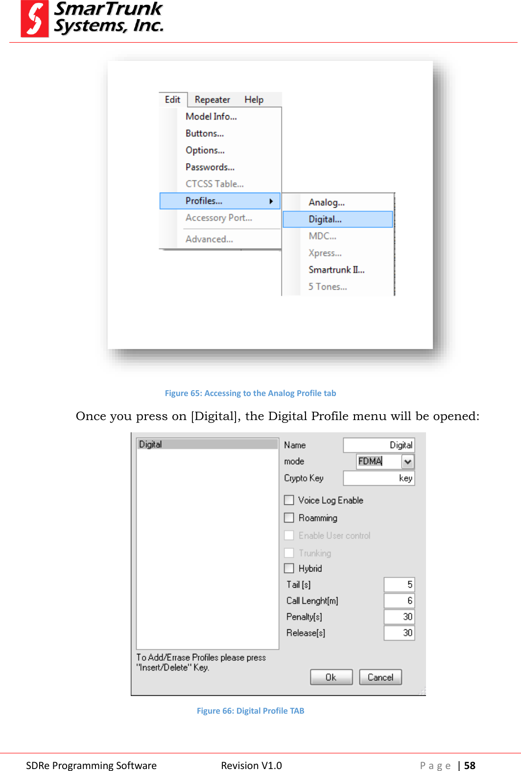  SDRe Programming Software Revision V1.0 P a g e  | 58   Figure 65: Accessing to the Analog Profile tab Once you press on [Digital], the Digital Profile menu will be opened:  Figure 66: Digital Profile TAB 