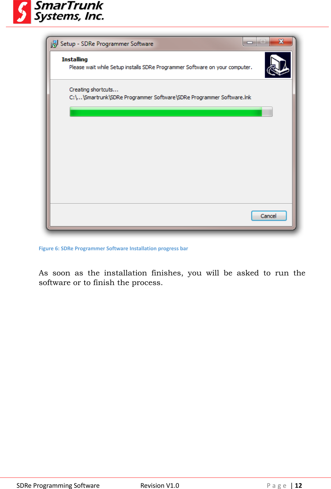  SDRe Programming Software Revision V1.0 P a g e  | 12   Figure 6: SDRe Programmer Software Installation progress bar  As  soon  as  the  installation  finishes,  you  will  be  asked  to  run  the software or to finish the process.  
