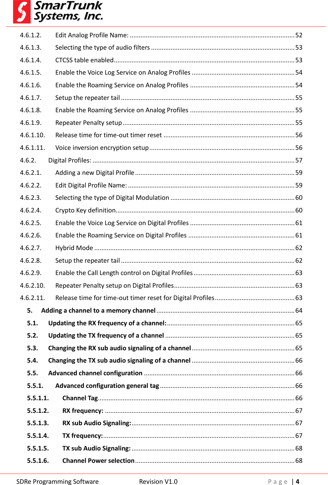  SDRe Programming Software Revision V1.0 P a g e  | 4  4.6.1.2. Edit Analog Profile Name: ............................................................................................. 52 4.6.1.3. Selecting the type of audio filters ................................................................................. 53 4.6.1.4. CTCSS table enabled ...................................................................................................... 53 4.6.1.5. Enable the Voice Log Service on Analog Profiles .......................................................... 54 4.6.1.6. Enable the Roaming Service on Analog Profiles ........................................................... 54 4.6.1.7. Setup the repeater tail .................................................................................................. 55 4.6.1.8. Enable the Roaming Service on Analog Profiles ........................................................... 55 4.6.1.9. Repeater Penalty setup ................................................................................................. 55 4.6.1.10. Release time for time-out timer reset .......................................................................... 56 4.6.1.11. Voice inversion encryption setup .................................................................................. 56 4.6.2. Digital Profiles: .................................................................................................................. 57 4.6.2.1. Adding a new Digital Profile .......................................................................................... 59 4.6.2.2. Edit Digital Profile Name: .............................................................................................. 59 4.6.2.3. Selecting the type of Digital Modulation ...................................................................... 60 4.6.2.4. Crypto Key definition..................................................................................................... 60 4.6.2.5. Enable the Voice Log Service on Digital Profiles ........................................................... 61 4.6.2.6. Enable the Roaming Service on Digital Profiles ............................................................ 61 4.6.2.7. Hybrid Mode ................................................................................................................. 62 4.6.2.8. Setup the repeater tail .................................................................................................. 62 4.6.2.9. Enable the Call Length control on Digital Profiles ......................................................... 63 4.6.2.10. Repeater Penalty setup on Digital Profiles .................................................................... 63 4.6.2.11. Release time for time-out timer reset for Digital Profiles ............................................. 63 5. Adding a channel to a memory channel .............................................................................. 64 5.1. Updating the RX frequency of a channel: ........................................................................ 65 5.2. Updating the TX frequency of a channel ......................................................................... 65 5.3. Changing the RX sub audio signaling of a channel .......................................................... 65 5.4. Changing the TX sub audio signaling of a channel .......................................................... 66 5.5. Advanced channel configuration ..................................................................................... 66 5.5.1. Advanced configuration general tag ............................................................................ 66 5.5.1.1. Channel Tag ............................................................................................................... 66 5.5.1.2. RX frequency: ........................................................................................................... 67 5.5.1.3. RX sub Audio Signaling: ............................................................................................ 67 5.5.1.4. TX frequency: ............................................................................................................ 67 5.5.1.5. TX sub Audio Signaling: ............................................................................................ 68 5.5.1.6. Channel Power selection .......................................................................................... 68 