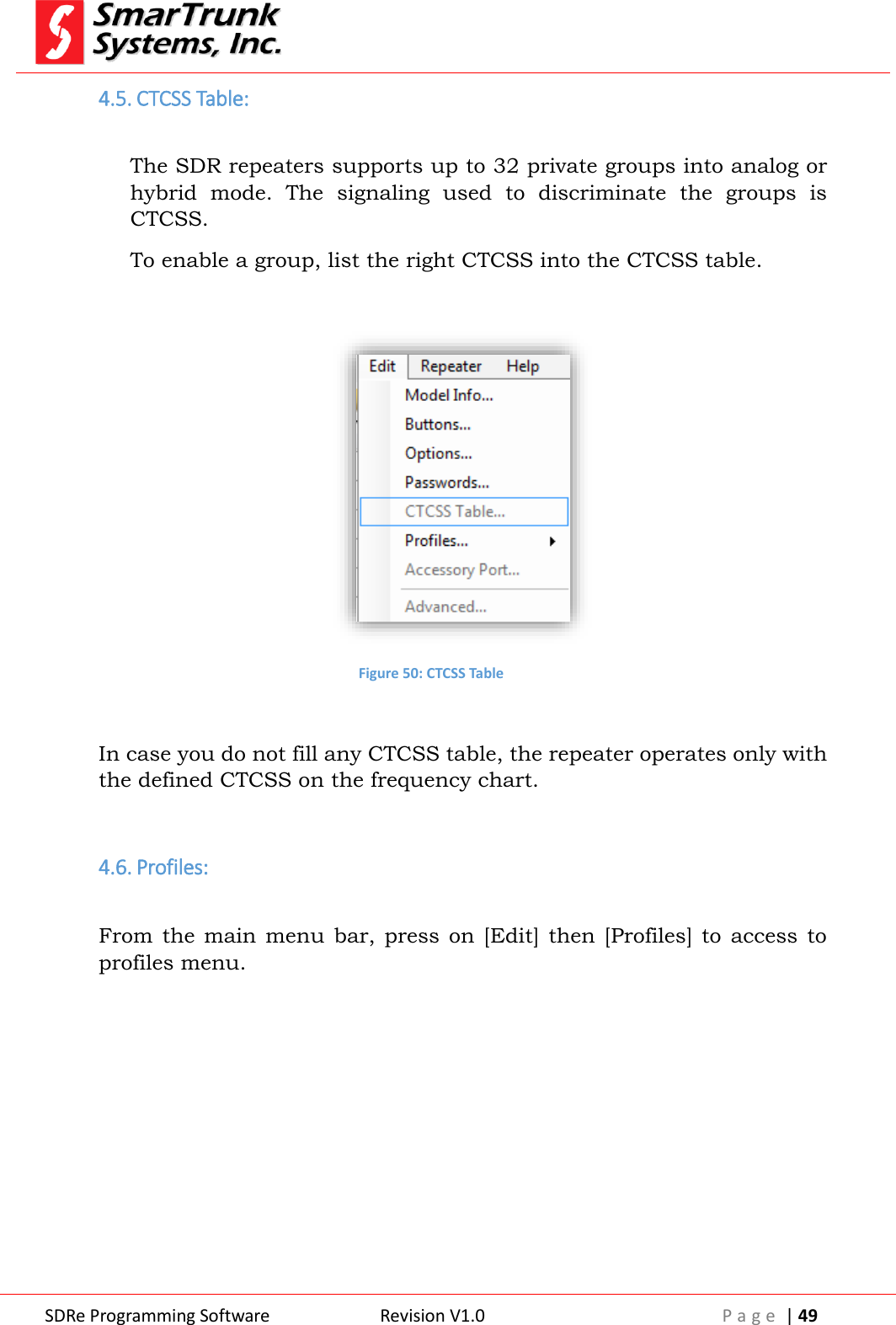  SDRe Programming Software Revision V1.0 P a g e  | 49  4.5. CTCSS Table:  The SDR repeaters supports up to 32 private groups into analog or hybrid  mode.  The  signaling  used  to  discriminate  the  groups  is CTCSS. To enable a group, list the right CTCSS into the CTCSS table.    Figure 50: CTCSS Table  In case you do not fill any CTCSS table, the repeater operates only with the defined CTCSS on the frequency chart.  4.6. Profiles:  From  the  main  menu bar,  press  on  [Edit]  then  [Profiles]  to  access  to profiles menu.  