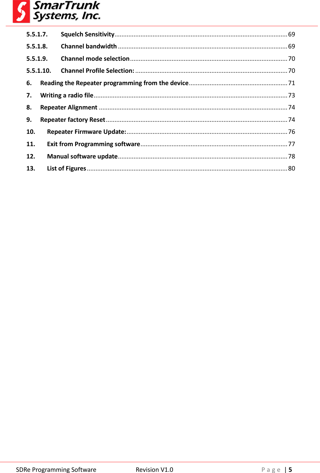  SDRe Programming Software Revision V1.0 P a g e  | 5  5.5.1.7. Squelch Sensitivity .................................................................................................... 69 5.5.1.8. Channel bandwidth .................................................................................................. 69 5.5.1.9. Channel mode selection ........................................................................................... 70 5.5.1.10. Channel Profile Selection: ........................................................................................ 70 6. Reading the Repeater programming from the device ......................................................... 71 7. Writing a radio file ................................................................................................................ 73 8. Repeater Alignment ............................................................................................................. 74 9. Repeater factory Reset ......................................................................................................... 74 10. Repeater Firmware Update: ............................................................................................. 76 11. Exit from Programming software ..................................................................................... 77 12. Manual software update .................................................................................................. 78 13. List of Figures .................................................................................................................... 80       