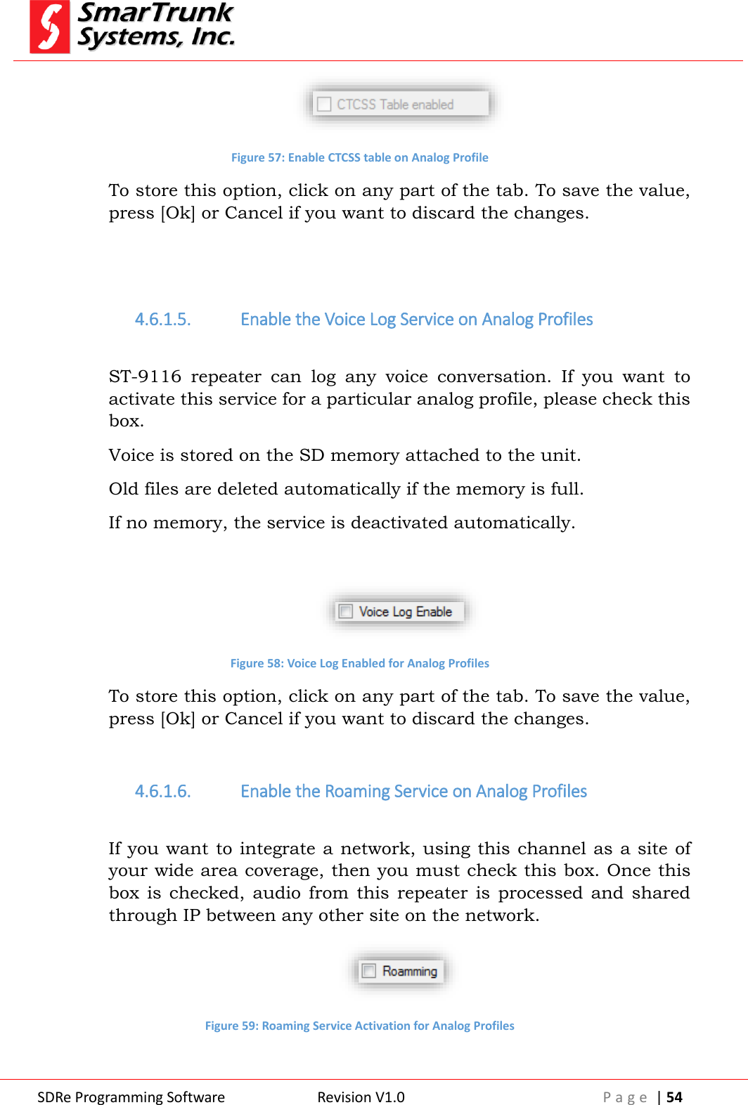  SDRe Programming Software Revision V1.0 P a g e  | 54   Figure 57: Enable CTCSS table on Analog Profile To store this option, click on any part of the tab. To save the value, press [Ok] or Cancel if you want to discard the changes.   4.6.1.5. Enable the Voice Log Service on Analog Profiles  ST-9116  repeater  can  log  any  voice  conversation.  If  you  want  to activate this service for a particular analog profile, please check this box. Voice is stored on the SD memory attached to the unit.  Old files are deleted automatically if the memory is full. If no memory, the service is deactivated automatically.   Figure 58: Voice Log Enabled for Analog Profiles To store this option, click on any part of the tab. To save the value, press [Ok] or Cancel if you want to discard the changes.  4.6.1.6. Enable the Roaming Service on Analog Profiles  If you want to integrate a network, using this  channel  as  a site  of your wide area coverage, then you must check this box. Once this box  is  checked,  audio  from  this  repeater  is  processed  and  shared through IP between any other site on the network.  Figure 59: Roaming Service Activation for Analog Profiles 