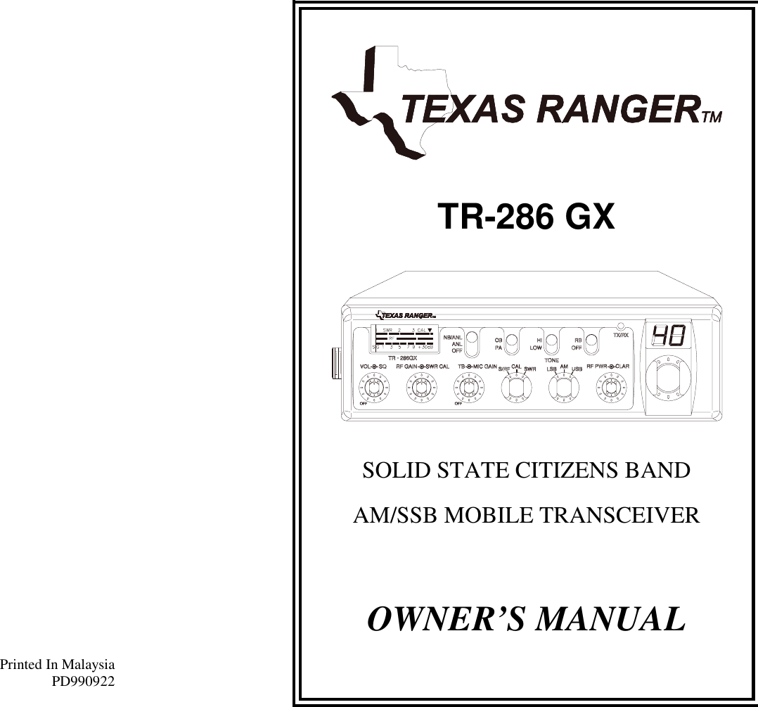 Ranger Communications TR286 AM/SSB CB Transceiver User Manual
