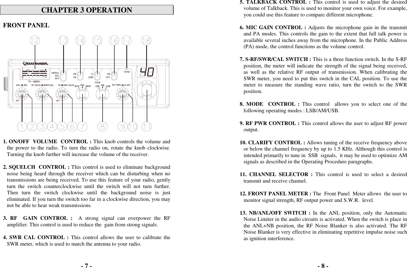 CHAPTER 3 OPERATIONFRONT PANEL1. ON/OFF  VOLUME  CONTROL : This knob controls the volume andthe power to the radio. To turn the radio on, rotate the knob clockwise.Turning the knob further will increase the volume of the receiver.2. SQUELCH  CONTROL : This control is used to eliminate backgroundnoise being heard through the receiver which can be disturbing when notransmissions are being received. To use this feature of your radio, gentlyturn the switch counterclockwise until the switch will not turn further.Then turn the switch clockwise until the background noise is justeliminated. If you turn the switch too far in a clockwise direction, you maynot be able to hear weak transmissions.3. RF  GAIN CONTROL :  A strong signal can overpower the RFamplifier. This control is used to reduce the  gain from strong signals.4. SWR CAL CONTROL : This control allows the user to calibrate theSWR meter, which is used to match the antenna to your radio.5. TALKBACK CONTROL : This control is used to adjust the desiredvolume of Talkback. This is used to monitor your own voice. For example,you could use this feature to compare different microphone.6. MIC GAIN CONTROL : Adjusts the microphone gain in the transmitand PA modes. This controls the gain to the extent that full talk power isavailable several inches away from the microphone. In the Public Address(PA) mode, the control functions as the volume control.7. S-RF/SWR/CAL SWITCH : This is a three function switch. In the S-RFposition, the meter will indicate the strength of the signal being received,as well as the relative RF output of transmission. When calibrating theSWR meter, you need to put this switch in the CAL position. To use themeter to measure the standing wave ratio, turn the switch to the SWRposition.8. MODE  CONTROL : This control  allows you to select one of thefollowing operating modes : LSB/AM/USB.9. RF PWR CONTROL : This control allows the user to adjust RF poweroutput.10. CLARIFY CONTROL : Allows tuning of the receive frequency aboveor below the channel frequency by up to 1.5 KHz. Although this control isintended primarily to tune in  SSB  signals,  it may be used to optimize AMsignals as described in the Operating Procedure paragraphs.11. CHANNEL SELECTOR : This control is used to select a desiredtransmit and receive channel.12. FRONT PANEL METER : The  Front Panel  Meter allows  the user tomonitor signal strength, RF output power and S.W.R.  level.13. NB/ANL/OFF SWITCH : In the ANL position, only the AutomaticNoise Limiter in the audio circuits is activated. When the switch is place inthe ANL+NB position, the RF Noise Blanker is also activated. The RFNoise Blanker is very effective in eliminating repetitive impulse noise suchas ignition interference.- 7 - - 8 -