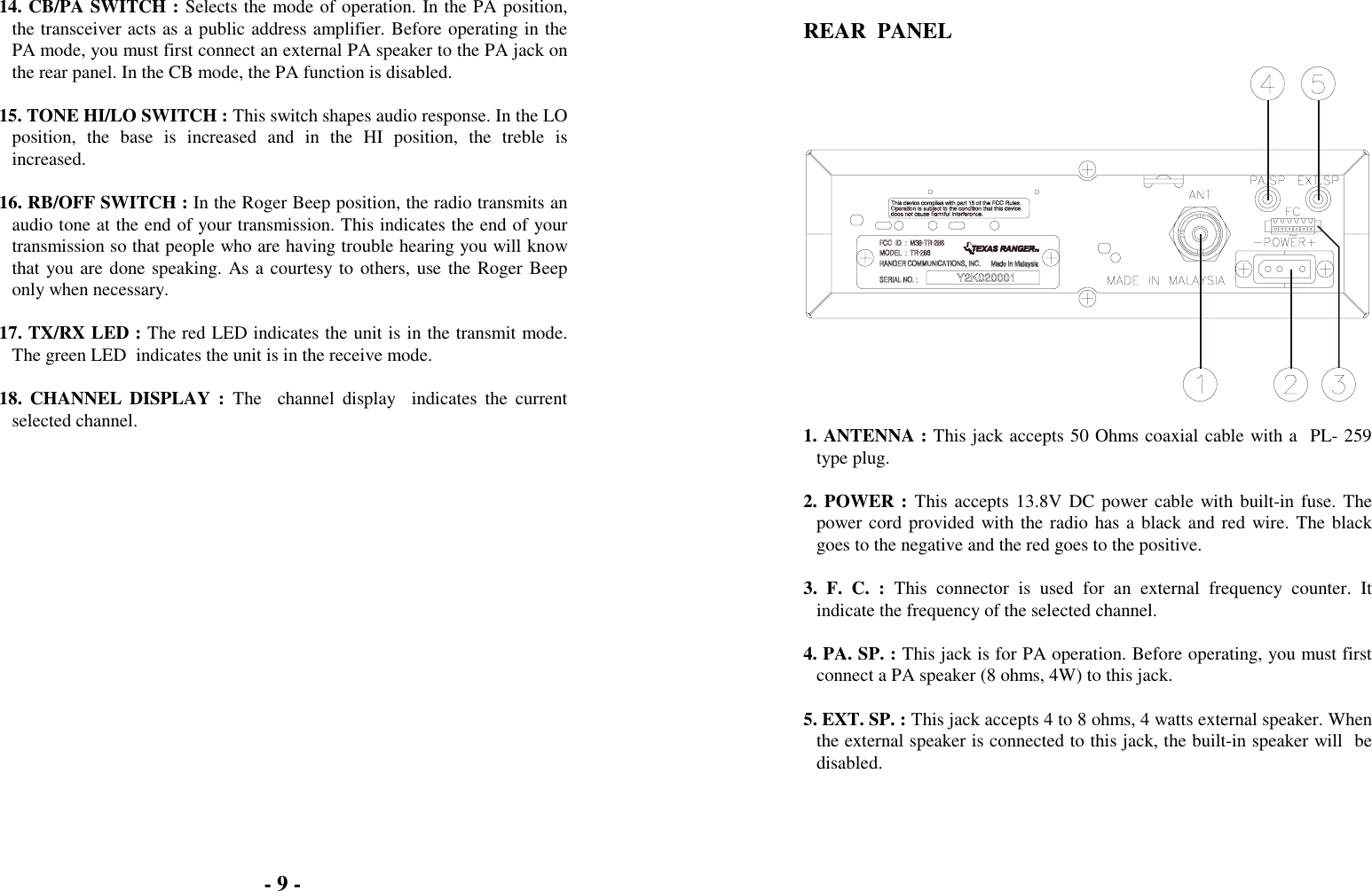 14. CB/PA SWITCH : Selects the mode of operation. In the PA position,the transceiver acts as a public address amplifier. Before operating in thePA mode, you must first connect an external PA speaker to the PA jack onthe rear panel. In the CB mode, the PA function is disabled.15. TONE HI/LO SWITCH : This switch shapes audio response. In the LOposition, the base is increased and in the HI position, the treble isincreased.16. RB/OFF SWITCH : In the Roger Beep position, the radio transmits anaudio tone at the end of your transmission. This indicates the end of yourtransmission so that people who are having trouble hearing you will knowthat you are done speaking. As a courtesy to others, use the Roger Beeponly when necessary.17. TX/RX LED : The red LED indicates the unit is in the transmit mode.The green LED  indicates the unit is in the receive mode.18. CHANNEL DISPLAY : The  channel display  indicates the currentselected channel.REAR  PANEL1. ANTENNA : This jack accepts 50 Ohms coaxial cable with a  PL- 259type plug.2. POWER : This accepts 13.8V DC power cable with built-in fuse. Thepower cord provided with the radio has a black and red wire. The blackgoes to the negative and the red goes to the positive.3. F. C. : This connector is used for an external frequency counter. Itindicate the frequency of the selected channel.4. PA. SP. : This jack is for PA operation. Before operating, you must firstconnect a PA speaker (8 ohms, 4W) to this jack.5. EXT. SP. : This jack accepts 4 to 8 ohms, 4 watts external speaker. Whenthe external speaker is connected to this jack, the built-in speaker will  bedisabled.- 9 -