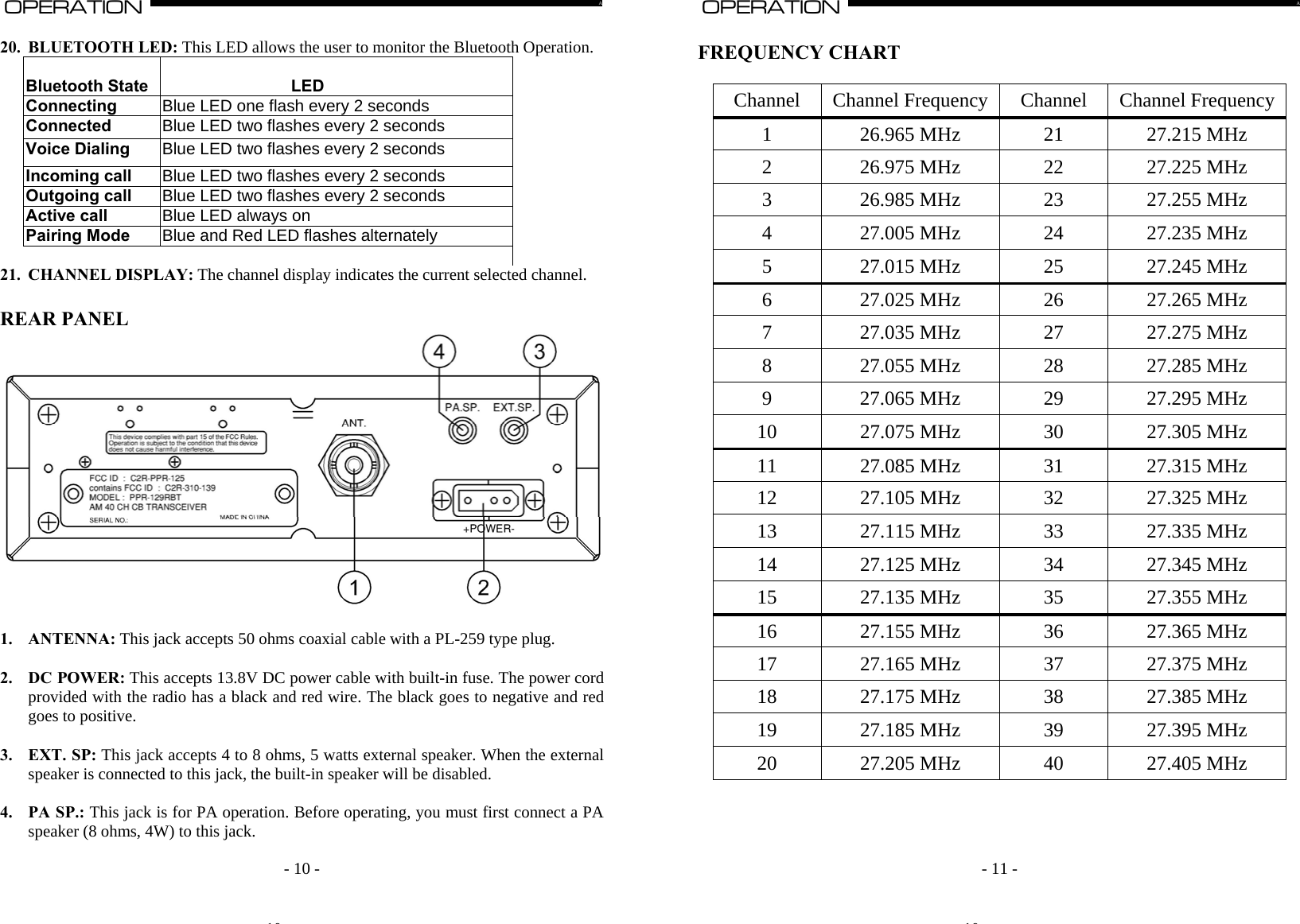    - 10 -OPERATION                                                                                                                                                                                                                                                                                                                                                                           A   20. BLUETOOTH LED: This LED allows the user to monitor the Bluetooth Operation.   Bluetooth State                                                   LED Connecting  Blue LED one flash every 2 seconds Connected  Blue LED two flashes every 2 seconds Voice Dialing  Blue LED two flashes every 2 seconds Incoming call  Blue LED two flashes every 2 seconds Outgoing call  Blue LED two flashes every 2 seconds Active call  Blue LED always on Pairing Mode  Blue and Red LED flashes alternately  21. CHANNEL DISPLAY: The channel display indicates the current selected channel.  REAR PANEL   1. ANTENNA: This jack accepts 50 ohms coaxial cable with a PL-259 type plug.  2. DC POWER: This accepts 13.8V DC power cable with built-in fuse. The power cord provided with the radio has a black and red wire. The black goes to negative and red goes to positive.   3. EXT. SP: This jack accepts 4 to 8 ohms, 5 watts external speaker. When the external speaker is connected to this jack, the built-in speaker will be disabled.  4. PA SP.: This jack is for PA operation. Before operating, you must first connect a PA speaker (8 ohms, 4W) to this jack. 10    - 11 -OPERATION                                                                                                                                                                                                                                                                                                                                                                          A   FREQUENCY CHART  Channel  Channel Frequency Channel  Channel Frequency 1  26.965 MHz 21 27.215 MHz 2  26.975 MHz 22 27.225 MHz 3  26.985 MHz 23 27.255 MHz 4  27.005 MHz 24 27.235 MHz 5  27.015 MHz 25 27.245 MHz 6  27.025 MHz 26 27.265 MHz 7  27.035 MHz 27 27.275 MHz 8  27.055 MHz 28 27.285 MHz 9  27.065 MHz 29 27.295 MHz 10 27.075 MHz 30 27.305 MHz 11 27.085 MHz 31 27.315 MHz 12 27.105 MHz 32 27.325 MHz 13 27.115 MHz 33 27.335 MHz 14 27.125 MHz 34 27.345 MHz 15 27.135 MHz 35 27.355 MHz 16 27.155 MHz 36 27.365 MHz 17 27.165 MHz 37 27.375 MHz 18 27.175 MHz 38 27.385 MHz 19 27.185 MHz 39 27.395 MHz 20 27.205 MHz 40 27.405 MHz    10