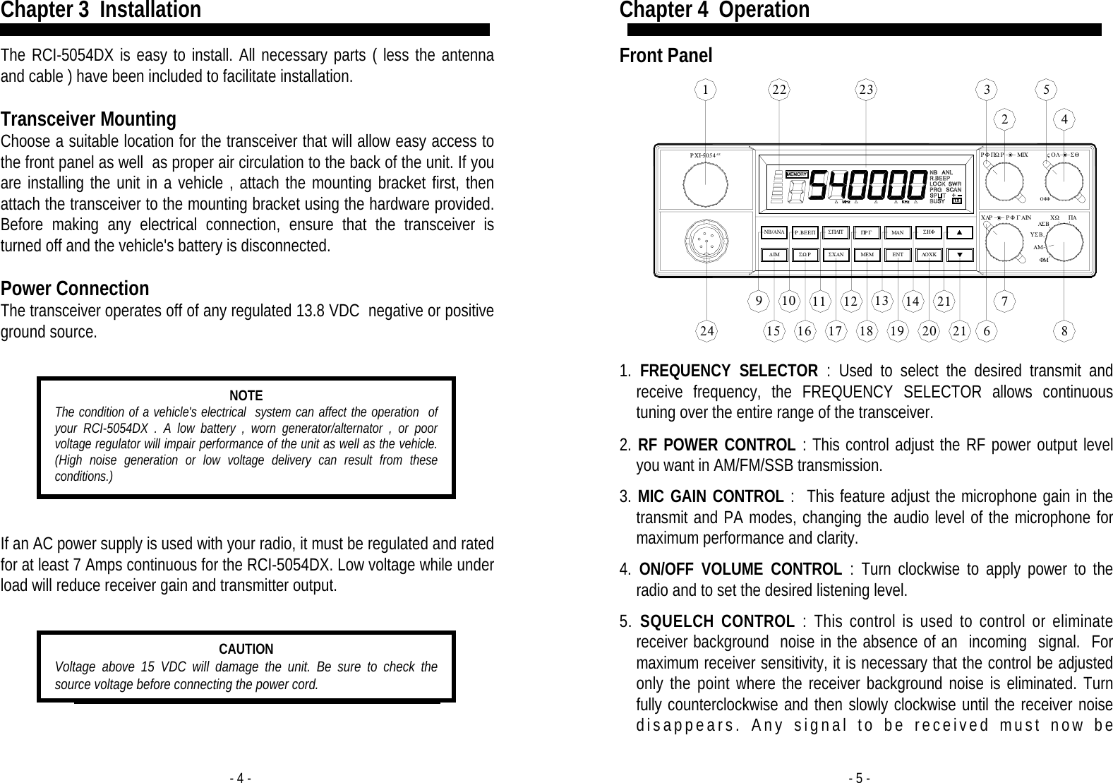 - 4 - Chapter 3  Installation  The RCI-5054DX is easy to install. All necessary parts ( less the antenna and cable ) have been included to facilitate installation.  Transceiver Mounting Choose a suitable location for the transceiver that will allow easy access to the front panel as well  as proper air circulation to the back of the unit. If you are installing the unit in a vehicle , attach the mounting bracket first, then attach the transceiver to the mounting bracket using the hardware provided. Before making any electrical connection, ensure that the transceiver is turned off and the vehicle&apos;s battery is disconnected.    Power Connection The transceiver operates off of any regulated 13.8 VDC  negative or positive ground source.      If an AC power supply is used with your radio, it must be regulated and rated for at least 7 Amps continuous for the RCI-5054DX. Low voltage while under load will reduce receiver gain and transmitter output.      NOTE The condition of a vehicle&apos;s electrical  system can affect the operation  of your RCI-5054DX . A low battery , worn generator/alternator , or poor voltage regulator will impair performance of the unit as well as the vehicle. (High noise generation or low voltage delivery can result from these conditions.)    CAUTION Voltage above 15 VDC will damage the unit. Be sure to check the source voltage before connecting the power cord.  - 5 - ΣΩΡ∆ΙΜ ΣΧΑΝ ΜΕΜ ΛΟ Χ ΚΕΝΤ ΑΜΦΜΡΧΙ−5054∆ΞΜΑΝΡ.ΒΕΕΠΝΒ/ΑΝΛ ΣΠΛΙΤ ΠΡ Γ ΣΗΦΧΛΡ               ΓΑΙΝΡΦΥΣΒΛΣ Β ΧΩΟΦΦΡΦ                 ΜΙΧΠΩ Ρ ςΟΛΠΑΣΘ9241510 1116 17121813 1419 202121678352423221Chapter 4  Operation  Front Panel                1. FREQUENCY SELECTOR : Used to select the desired transmit and receive frequency, the FREQUENCY SELECTOR allows continuous tuning over the entire range of the transceiver.   2. RF POWER CONTROL : This control adjust the RF power output level you want in AM/FM/SSB transmission.  3. MIC GAIN CONTROL :  This feature adjust the microphone gain in the transmit and PA modes, changing the audio level of the microphone for maximum performance and clarity.    4. ON/OFF VOLUME CONTROL : Turn clockwise to apply power to the radio and to set the desired listening level.  5. SQUELCH CONTROL : This control is used to control or eliminate receiver background  noise in the absence of an  incoming  signal.  For maximum receiver sensitivity, it is necessary that the control be adjusted only the point where the receiver background noise is eliminated. Turn fully counterclockwise and then slowly clockwise until the receiver noise disappears. Any signal to be received must now be 
