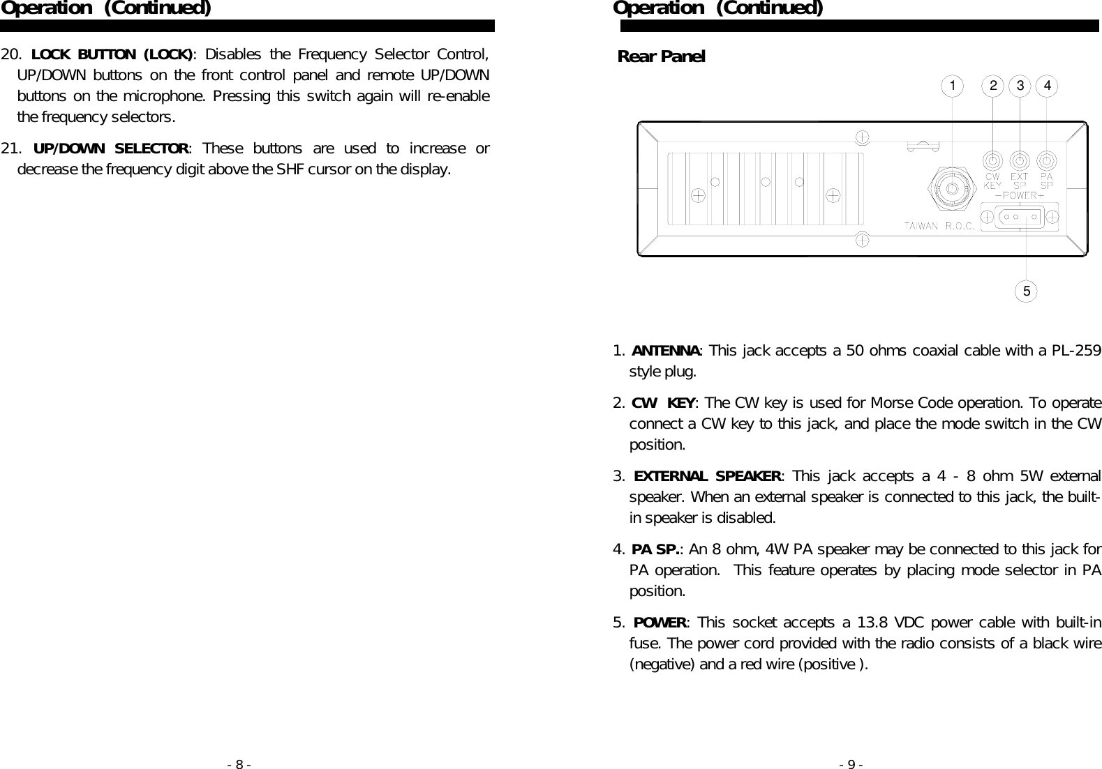 - 8 - Operation   (Continued)   20. LOCK BUTTON (LOCK): Disables the Frequency Selector Control, UP/DOWN buttons on the front control panel and remote UP/DOWN buttons on the microphone. Pressing this switch again will re-enable the frequency selectors.  21. UP/DOWN SELECTOR: These buttons are used to increase or decrease the frequency digit above the SHF cursor on the display.                - 9 - 23451Operation   (Continued)    Rear Panel                1. ANTENNA: This jack accepts a 50 ohms coaxial cable with a PL-259  style plug.  2. CW  KEY: The CW key is used for Morse Code operation. To operate connect a CW key to this jack, and place the mode switch in the CW position.   3. EXTERNAL SPEAKER: This jack accepts a 4 - 8 ohm 5W external speaker. When an external speaker is connected to this jack, the built-in speaker is disabled.  4. PA SP.: An 8 ohm, 4W PA speaker may be connected to this jack for PA operation.  This feature operates by placing mode selector in PA position.   5. POWER: This socket accepts a 13.8 VDC power cable with built-in fuse. The power cord provided with the radio consists of a black wire (negative) and a red wire (positive ).    